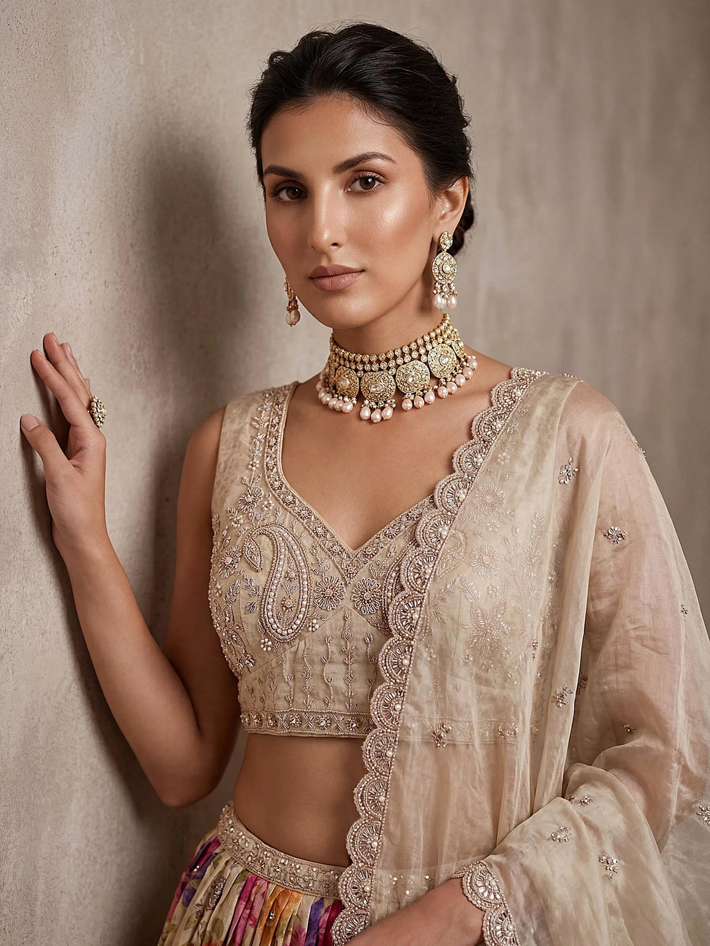 Cream Ravishing Tissue Bead Work Bridesmaid Lehenga Choli With Dupatta