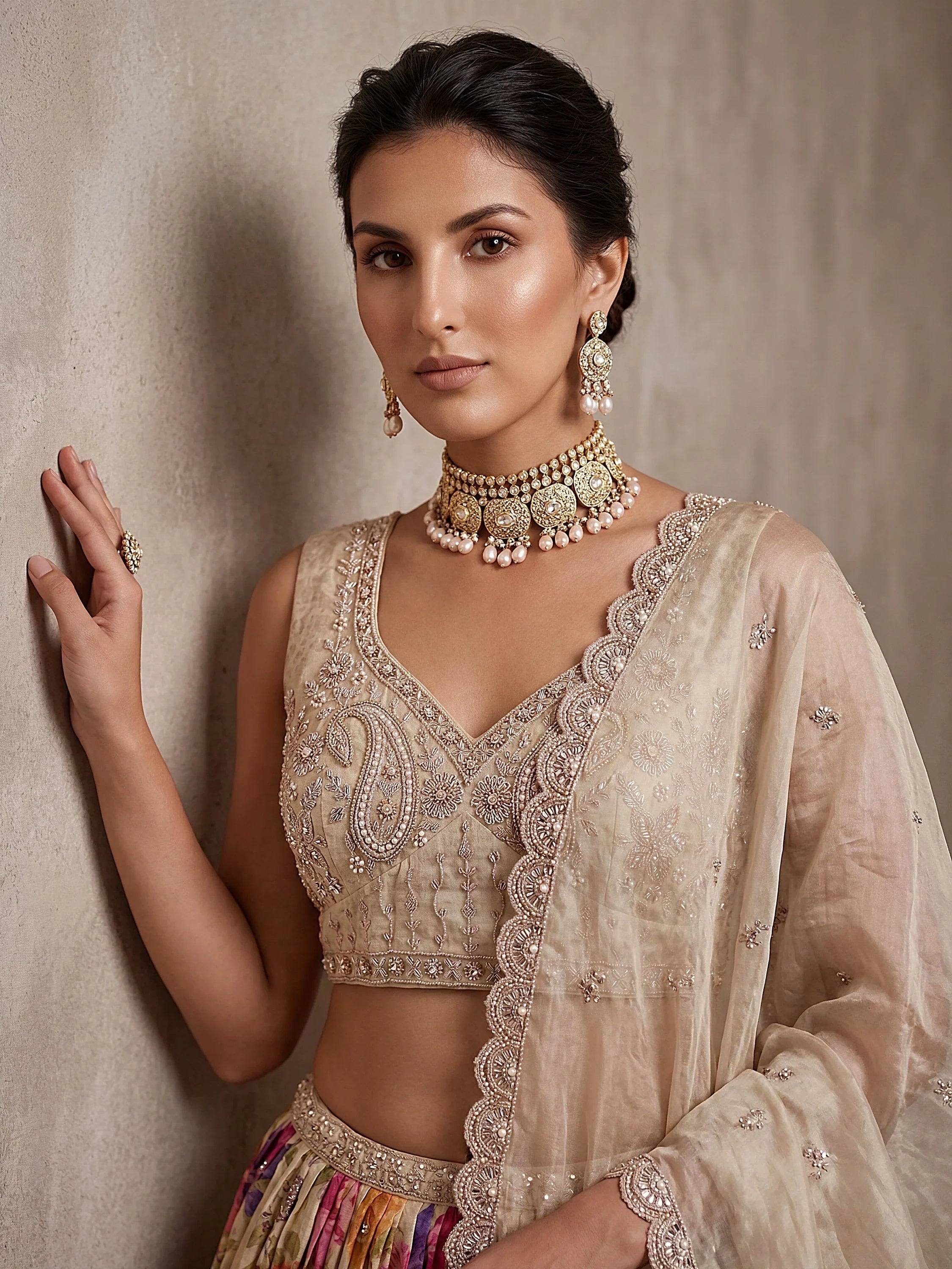 Cream Ravishing Tissue Bead Work Bridesmaid Lehenga Choli With Dupatta
