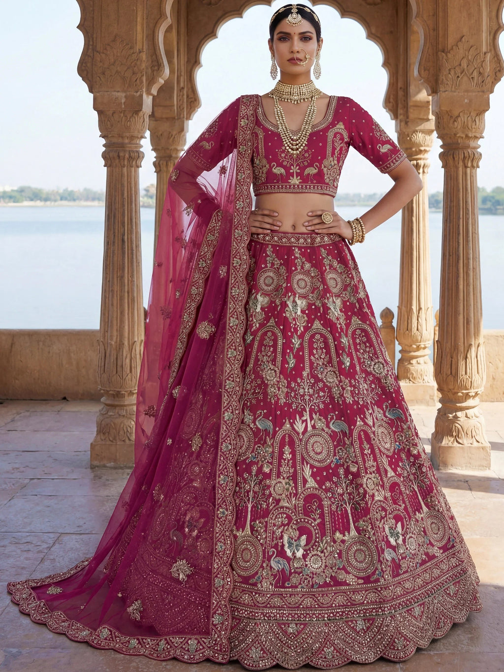 Pink Awesome Embroidered Silk Bridal Lehenga Choli With Double Dupatta
