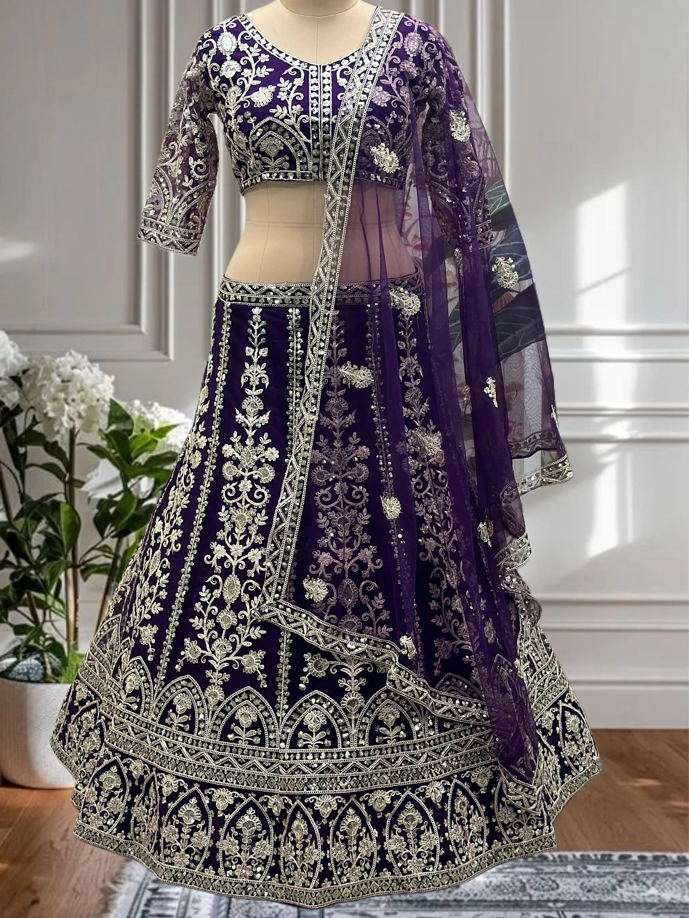 Wine Captivating Net Sequins Embroidered Bridesmaid Lehenga Choli