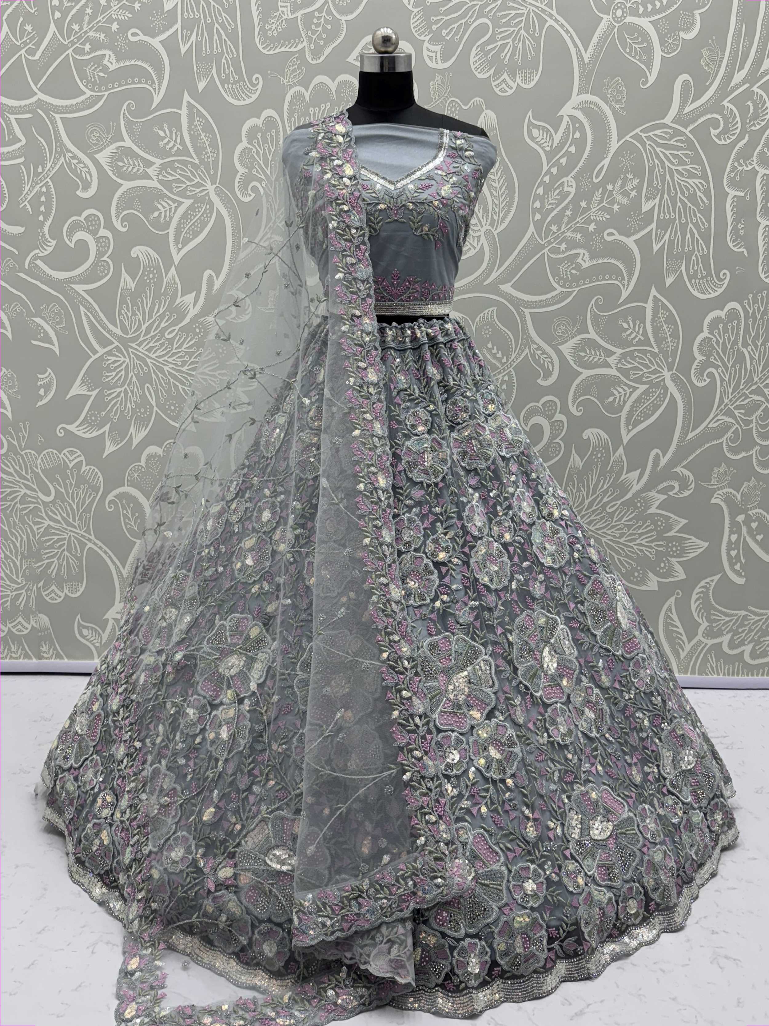 Grey Glamorous Net Sequins Wedding Wear Lehenga Choli With Dupatta