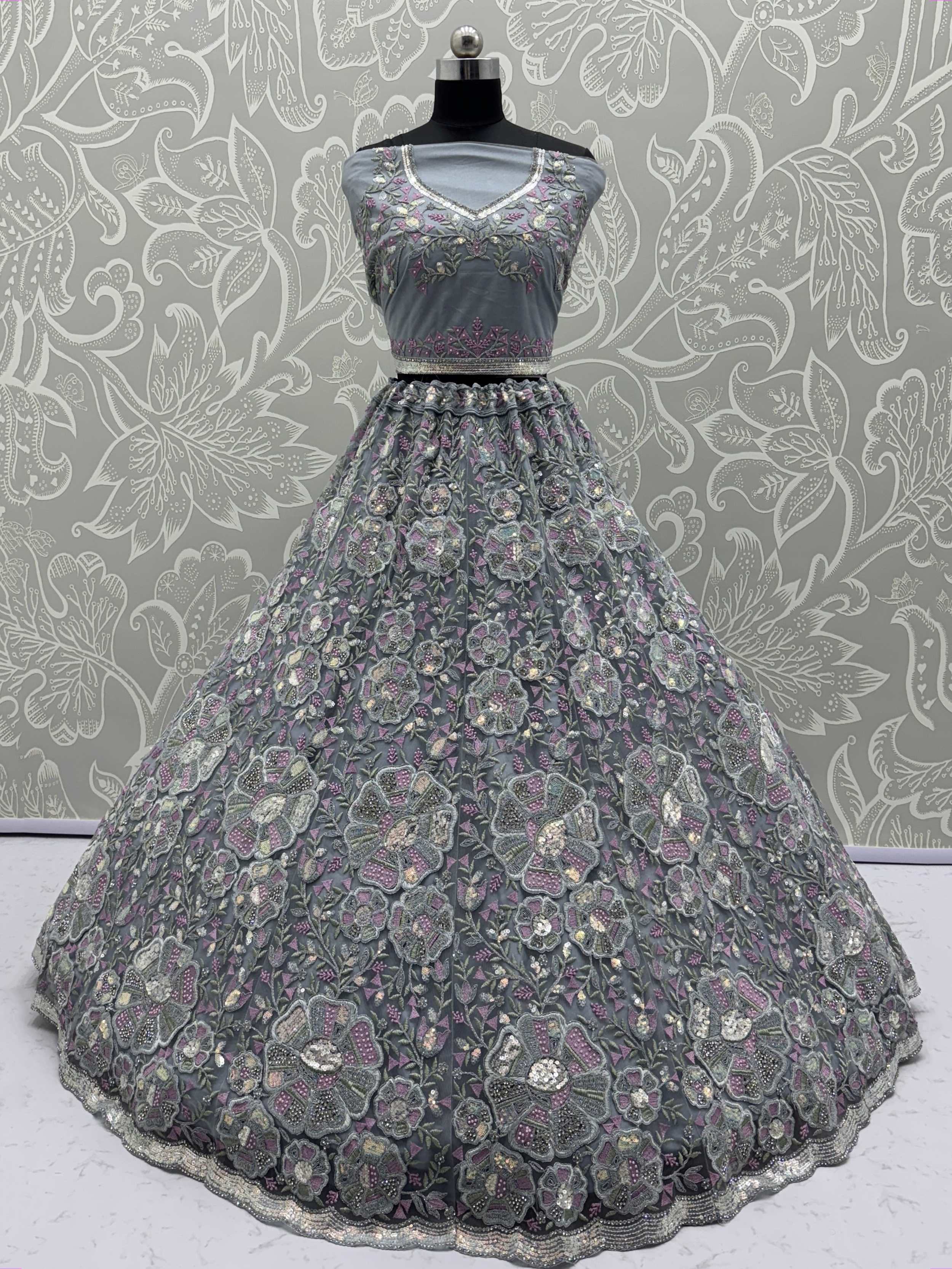 Grey Glamorous Net Sequins Wedding Wear Lehenga Choli With Dupatta