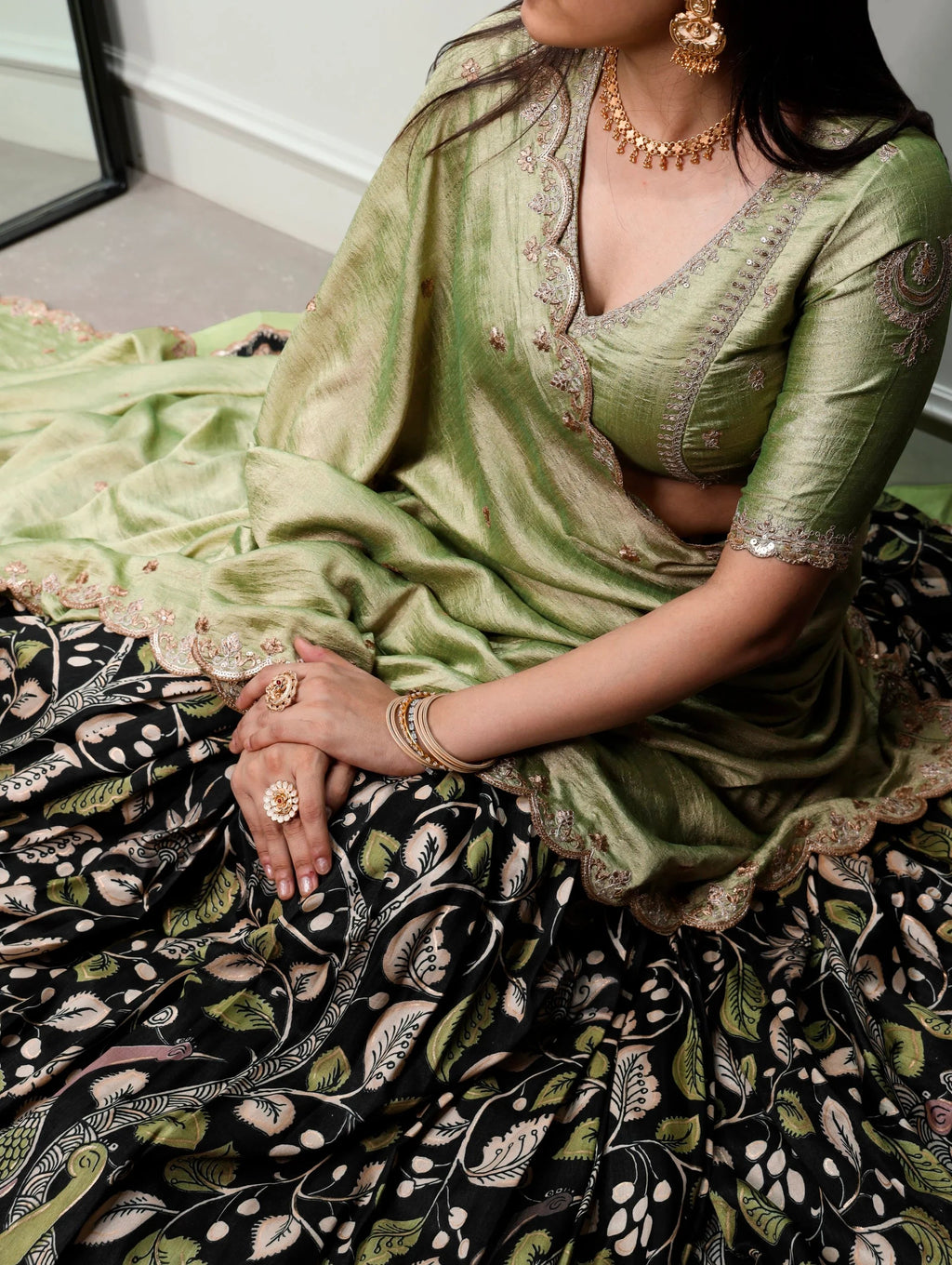 Black Alluring Kalamkari Printed Silk Festive Wear Half Saree Lehenga