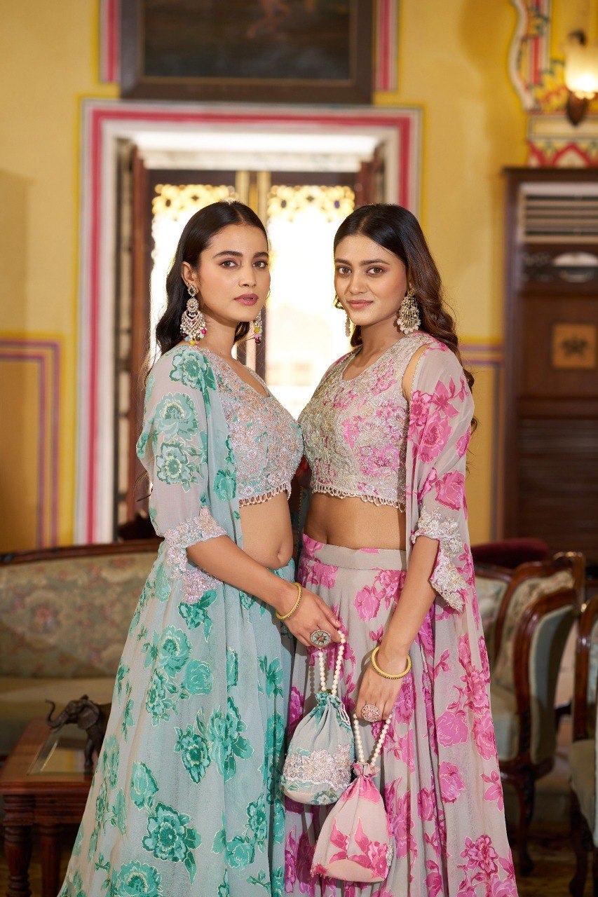 Cape Style Georgette Lehenga Choli with Embroidered Batwa