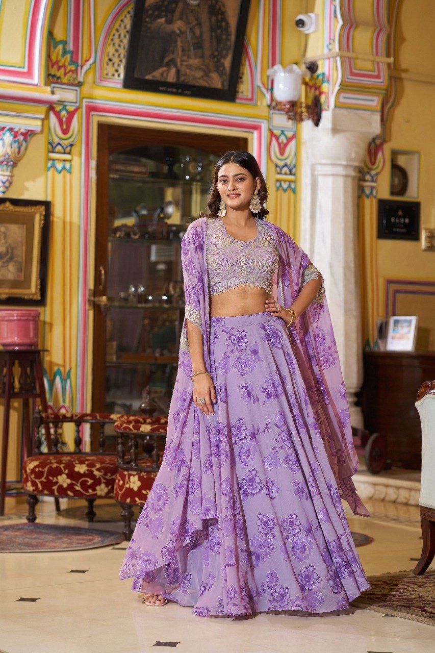 Cape Style Georgette Lehenga Choli with Embroidered Batwa