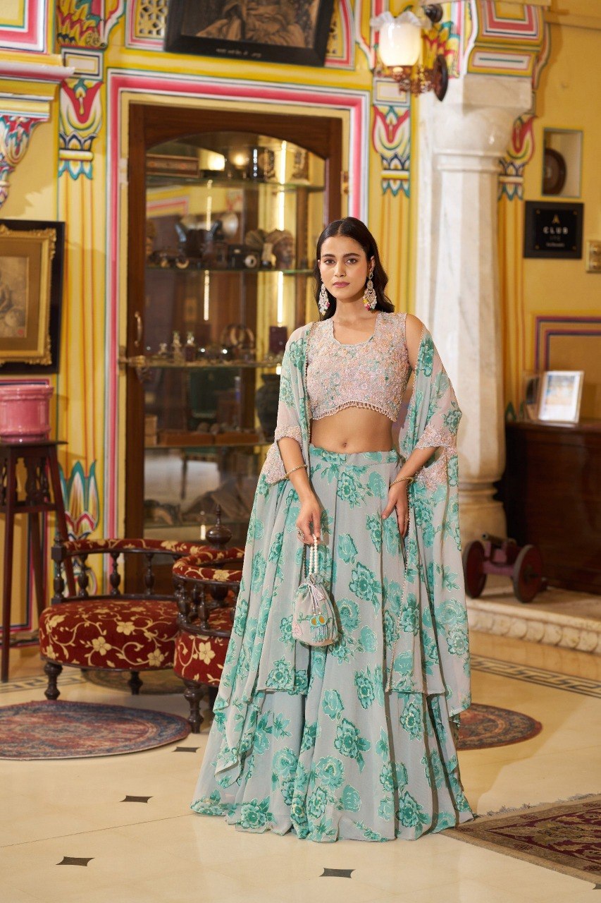 Cape Style Georgette Lehenga Choli with Embroidered Batwa