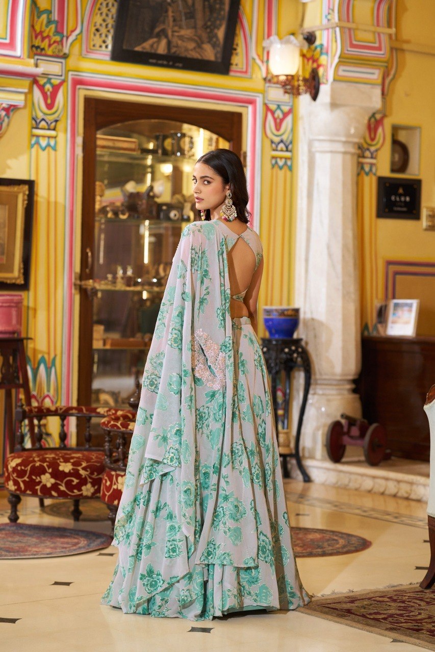 Cape Style Georgette Lehenga Choli with Embroidered Batwa