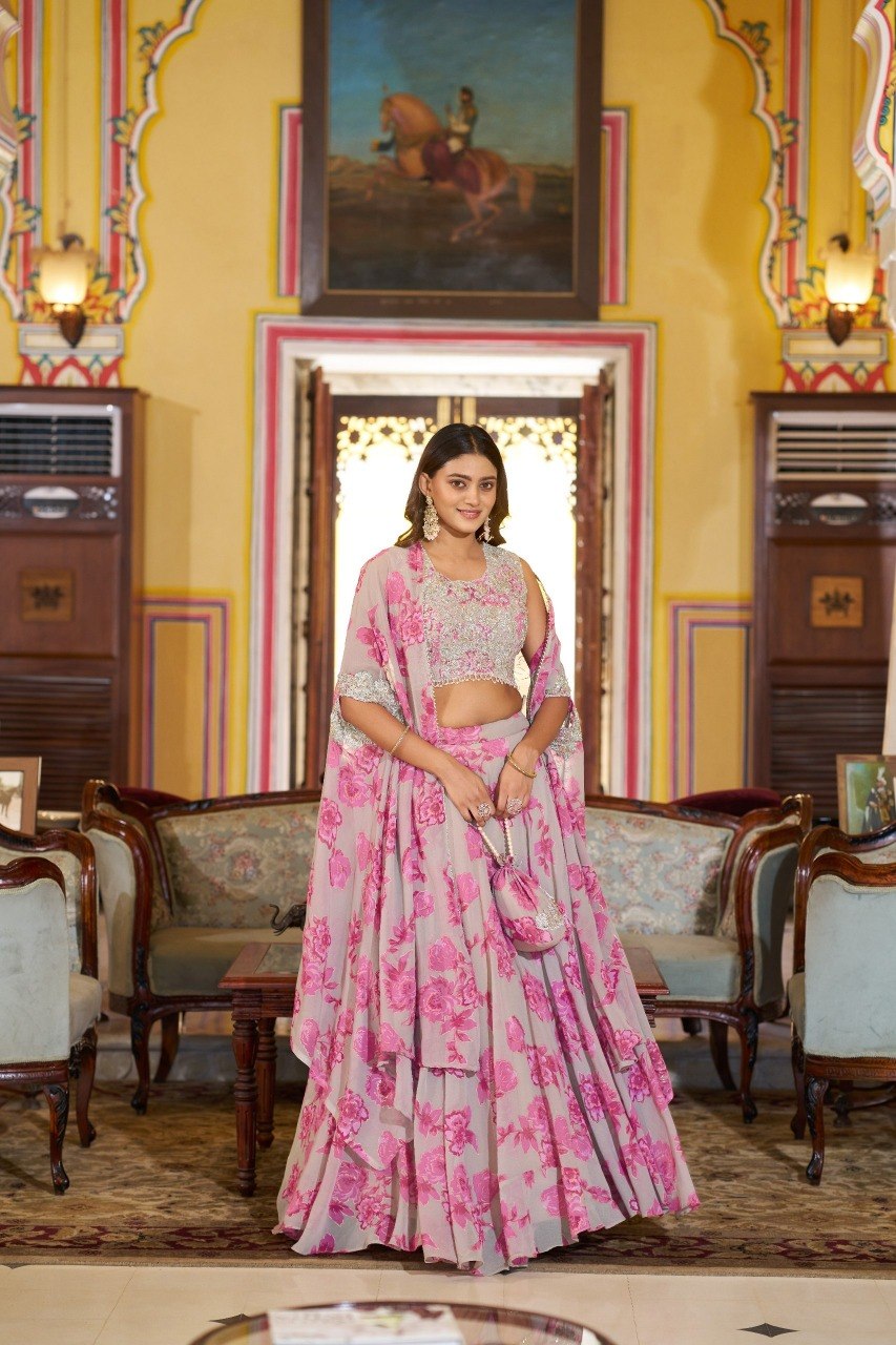 Cape Style Georgette Lehenga Choli with Embroidered Batwa