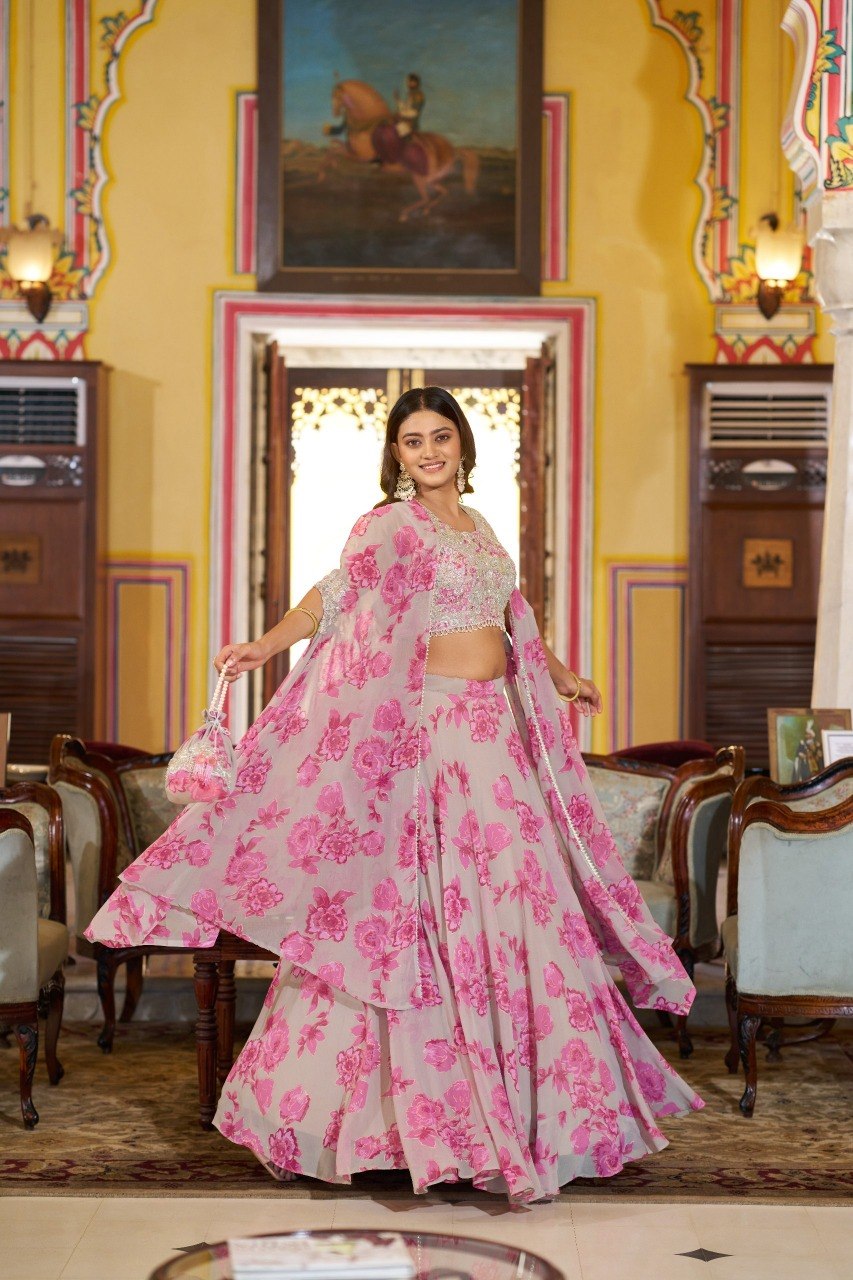 Cape Style Georgette Lehenga Choli with Embroidered Batwa