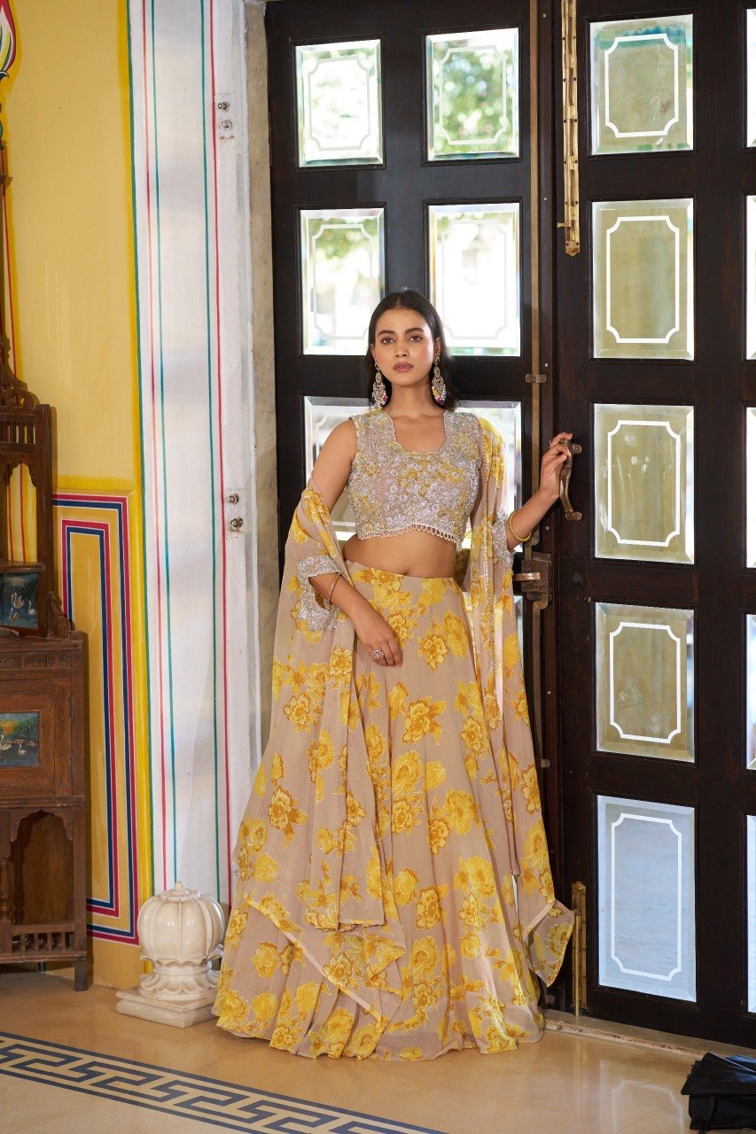 Cape Style Georgette Lehenga Choli with Embroidered Batwa
