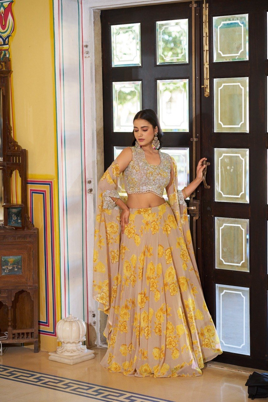 Cape Style Georgette Lehenga Choli with Embroidered Batwa