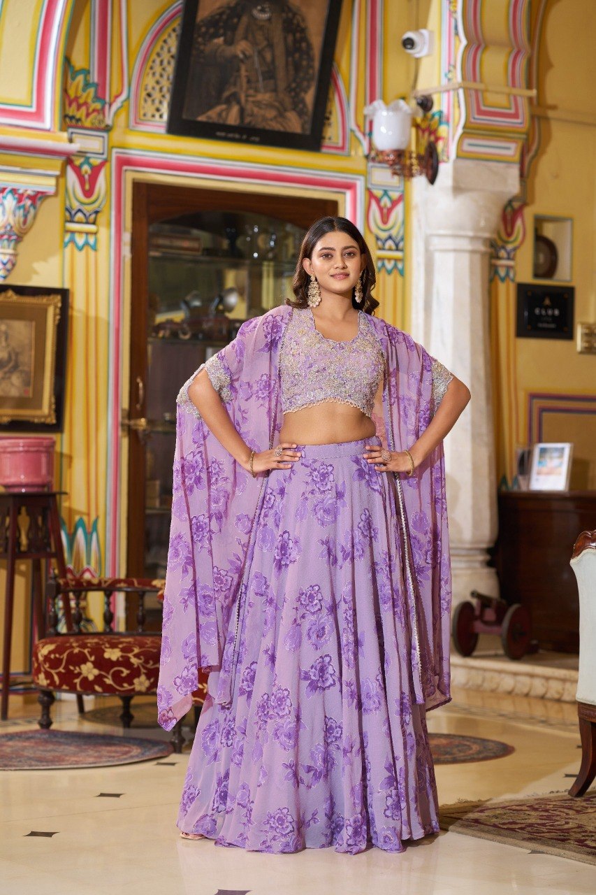 Cape Style Georgette Lehenga Choli with Embroidered Batwa