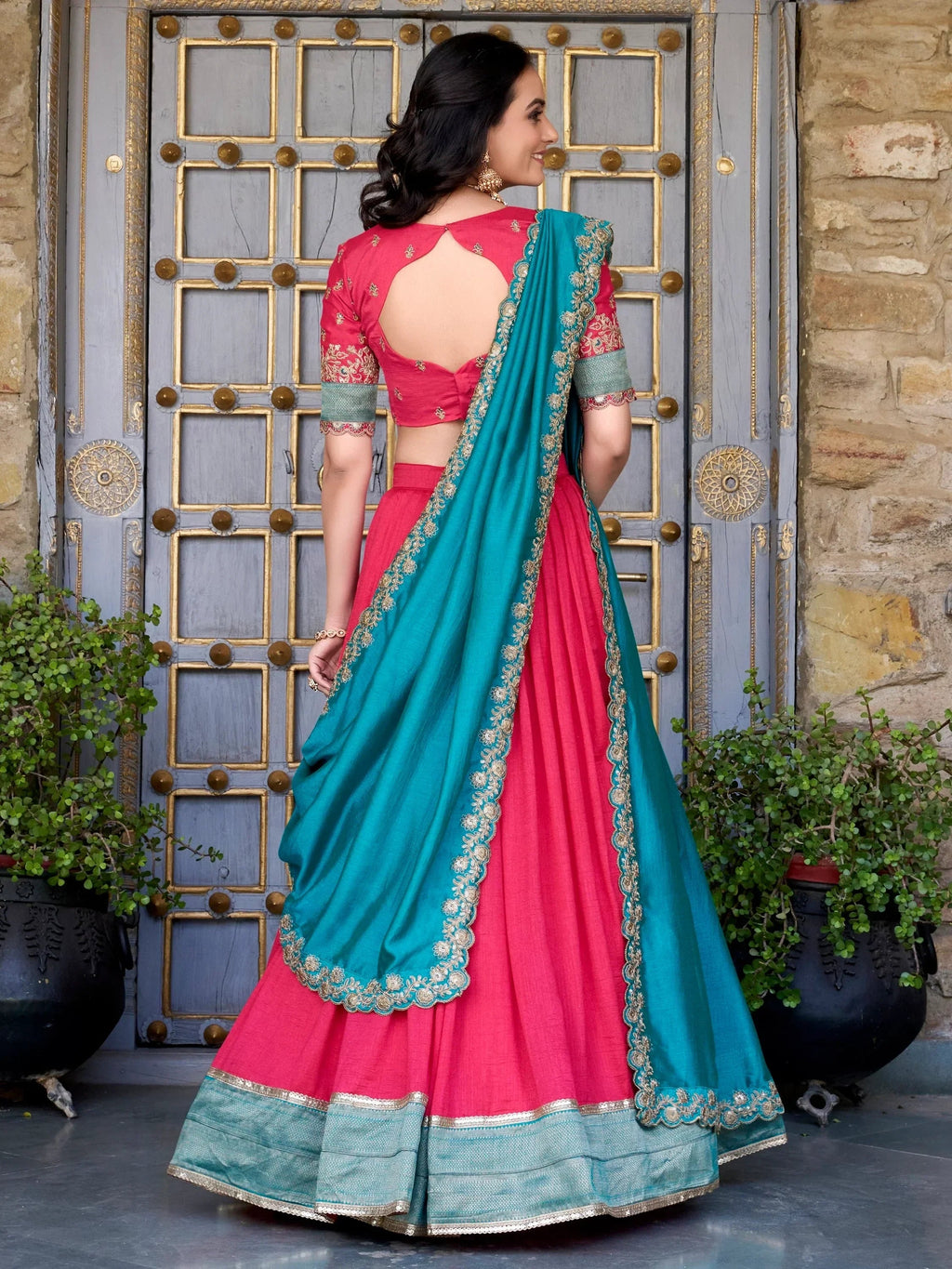 Blush Lovable Off-Zari Weaving Border Vichitra Silk Half Saree Lehenga