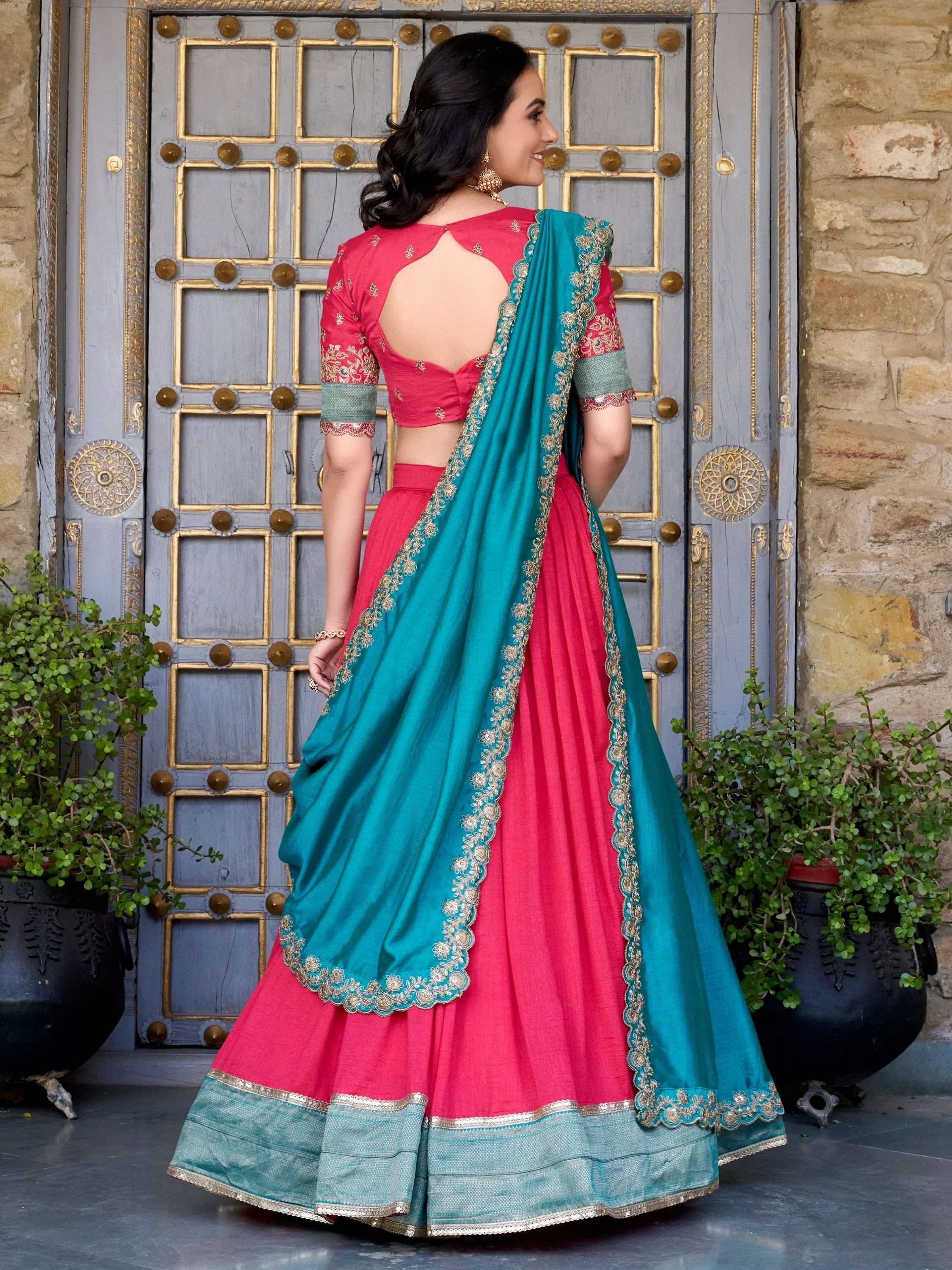 Blush Lovable Off-Zari Weaving Border Vichitra Silk Half Saree Lehenga