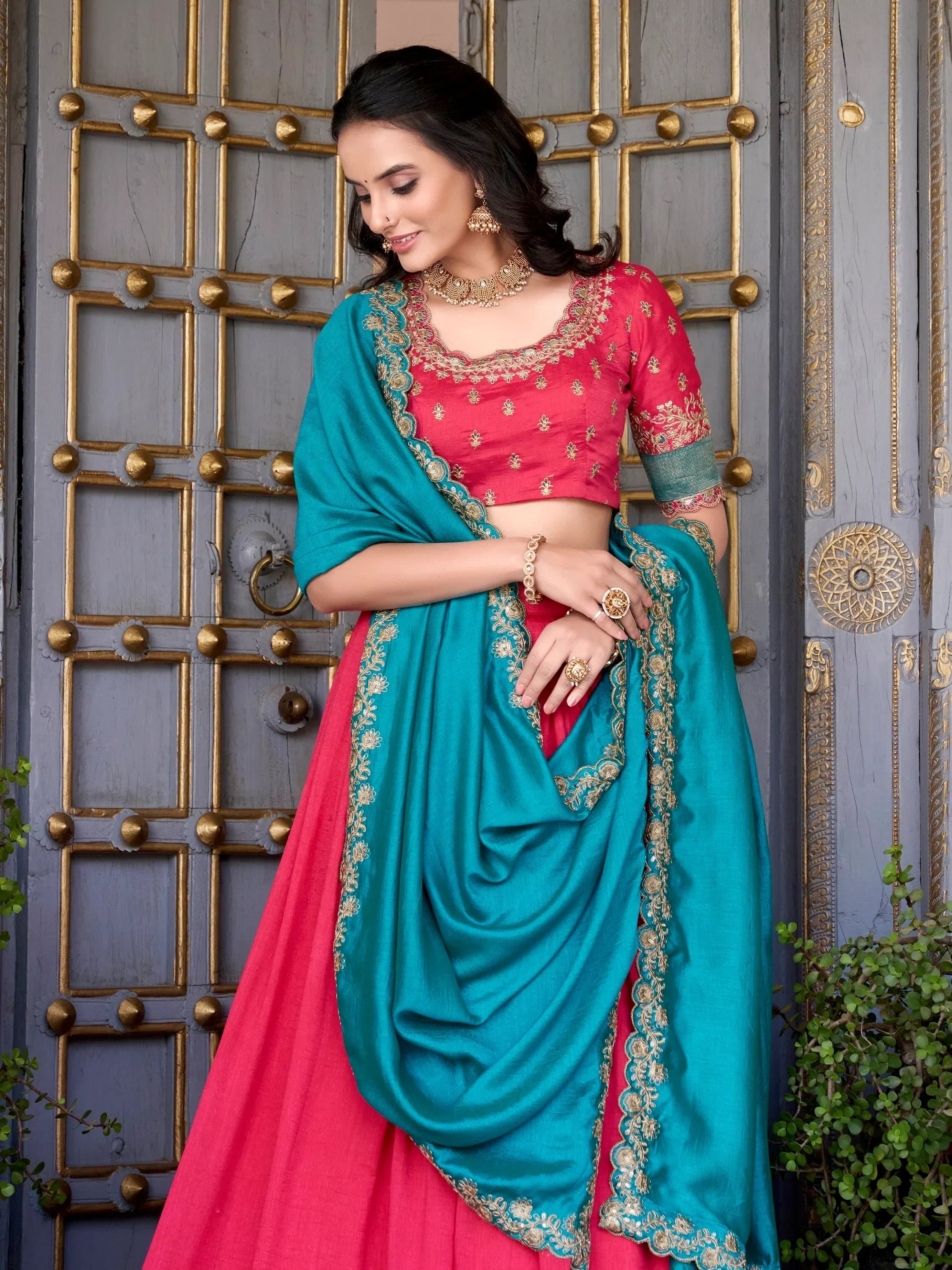 Blush Lovable Off-Zari Weaving Border Vichitra Silk Half Saree Lehenga