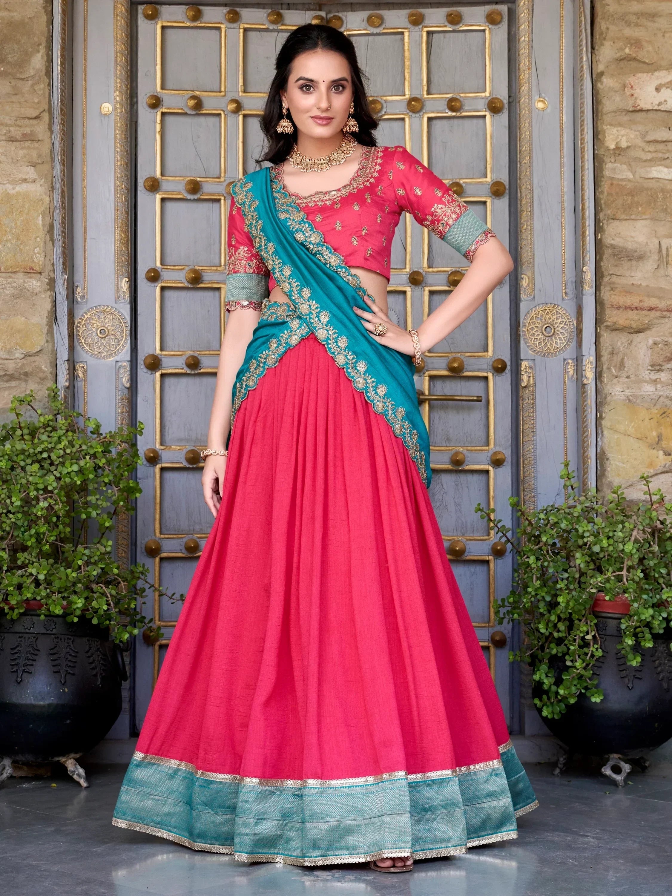 Blush Lovable Off-Zari Weaving Border Vichitra Silk Half Saree Lehenga