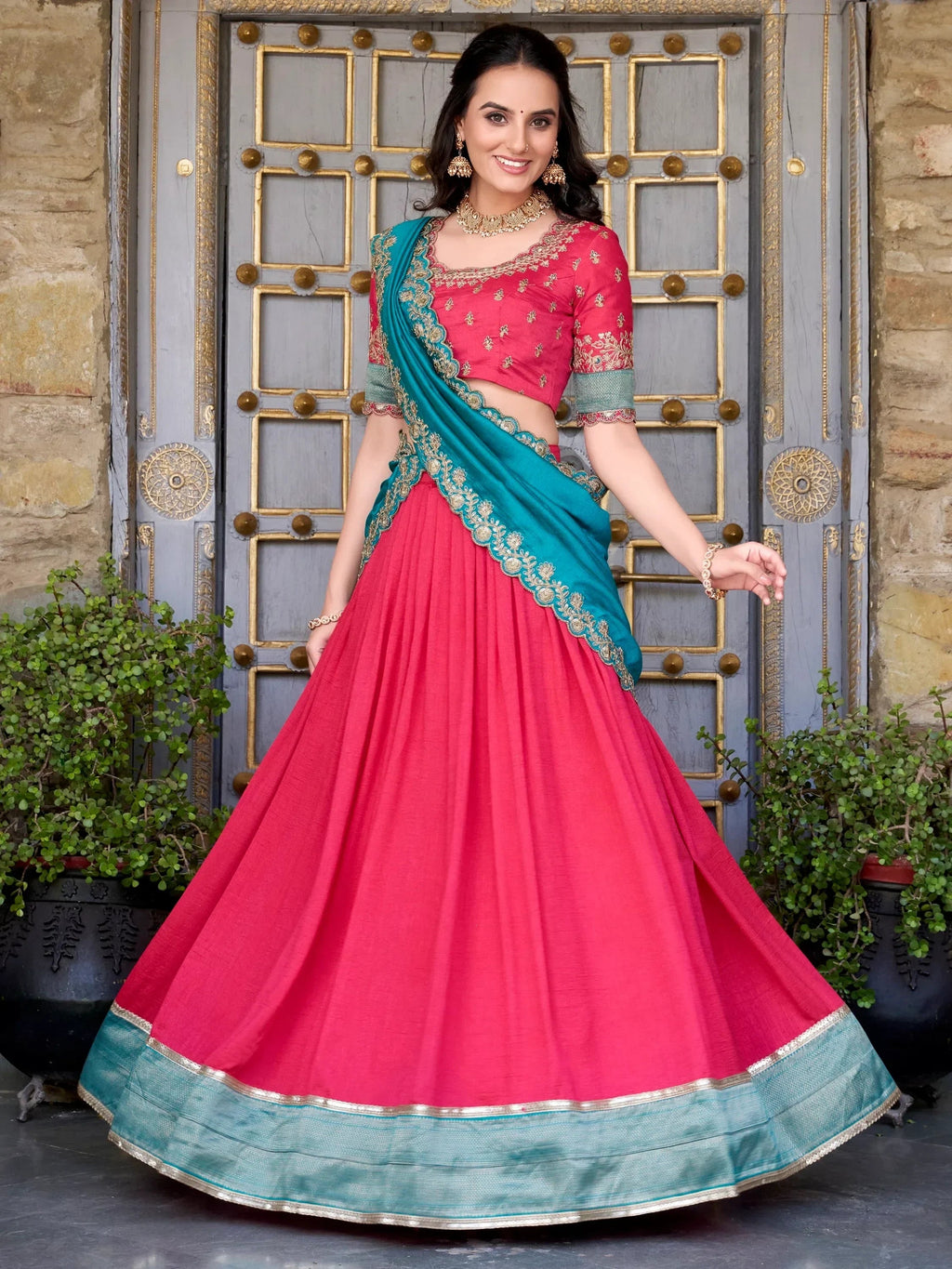 Blush Lovable Off-Zari Weaving Border Vichitra Silk Half Saree Lehenga