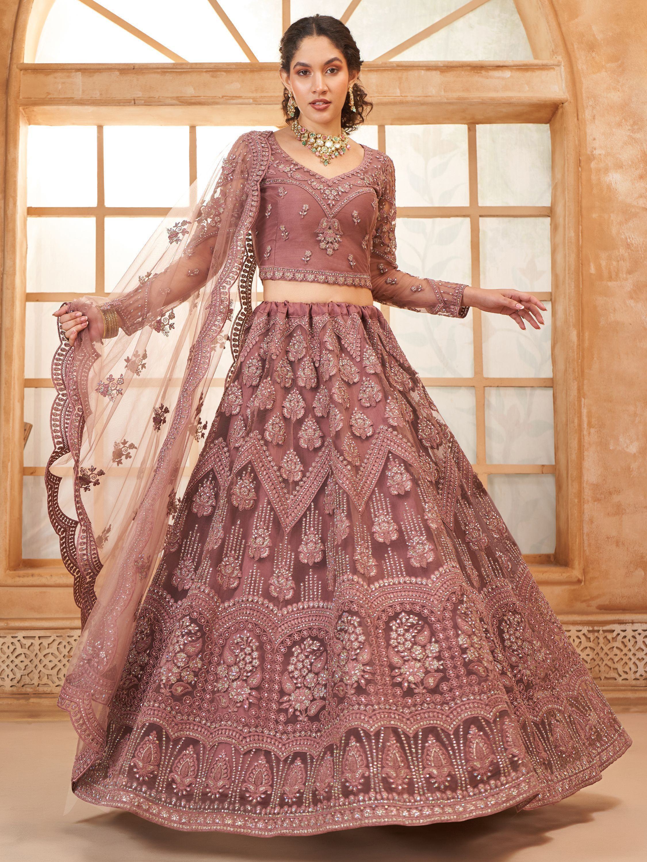 Captivating Mauve Embroidered Net Reception Wear Lehenga Choli