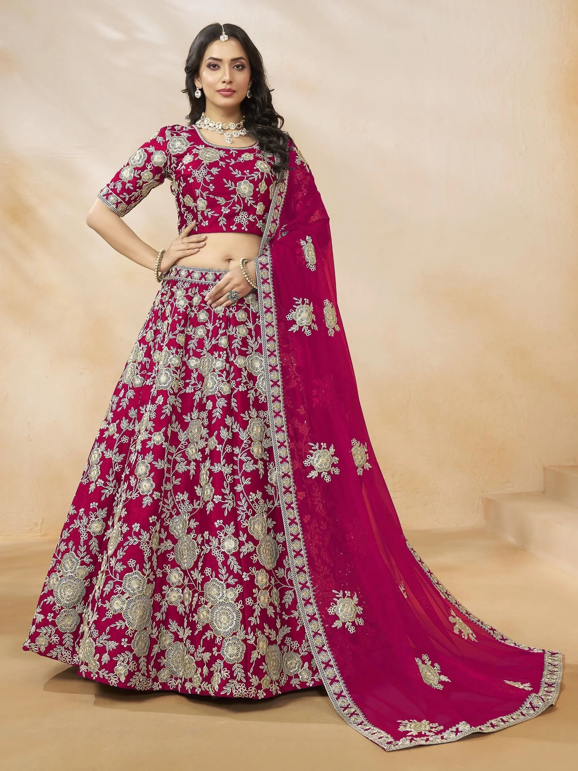 Captivating Rani Pink Embroidered Silk Engagement Wear Lehenga Choli