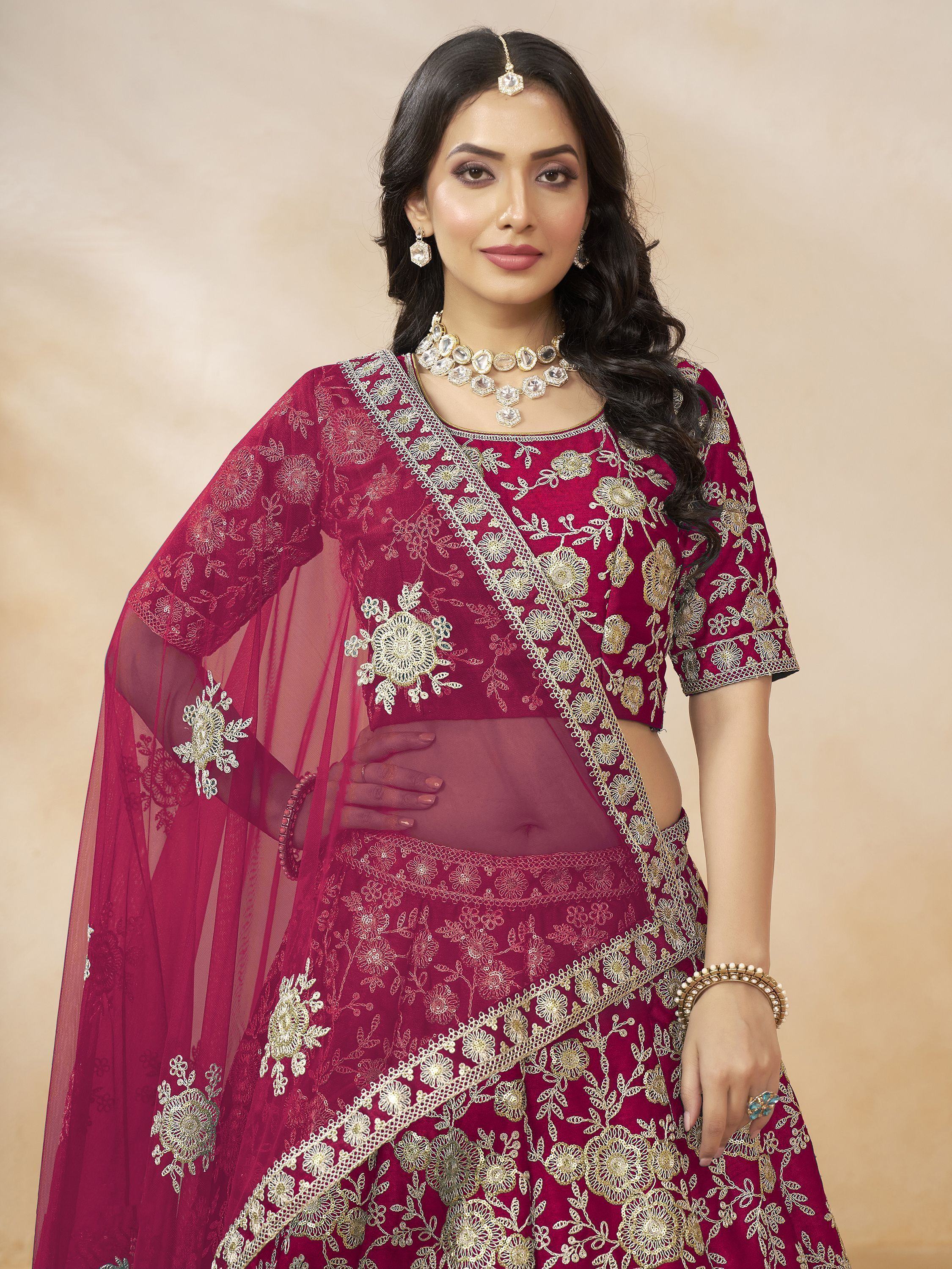 Captivating Rani Pink Embroidered Silk Engagement Wear Lehenga Choli