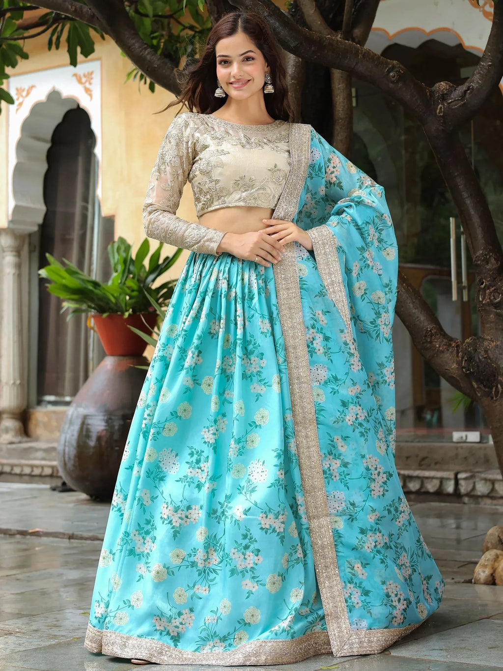 Captivating Sky Blue Floral Print Organza Function Wear Lehenga Choli