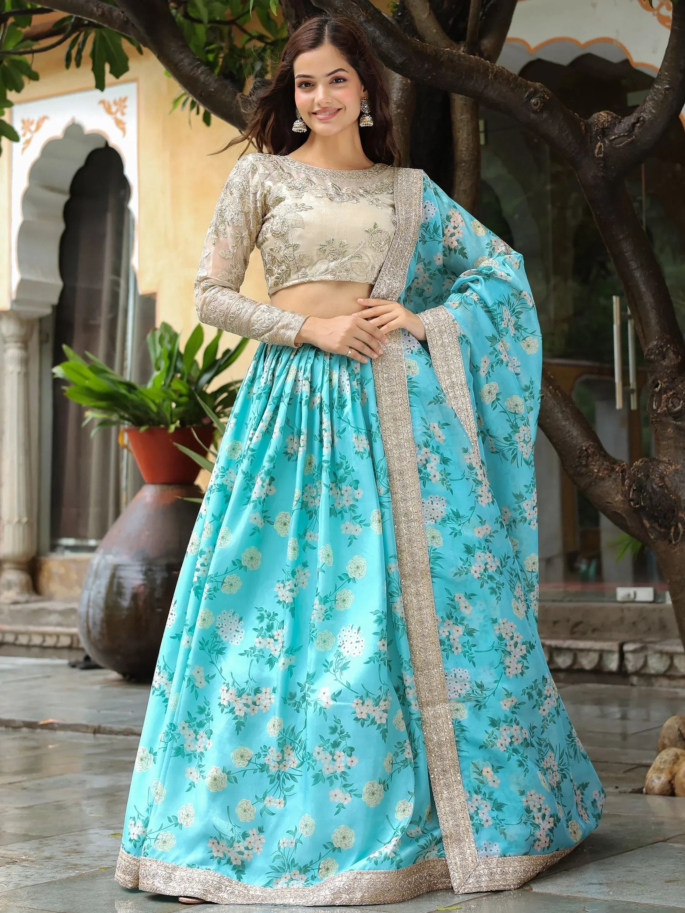 Captivating Sky Blue Floral Print Organza Function Wear Lehenga Choli