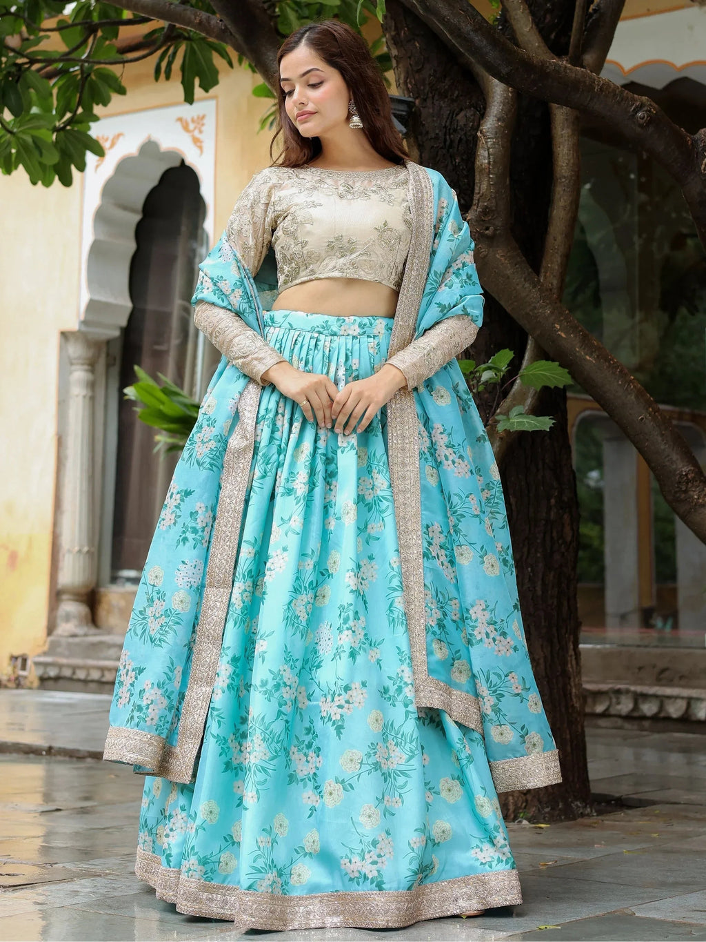Captivating Sky Blue Floral Print Organza Function Wear Lehenga Choli