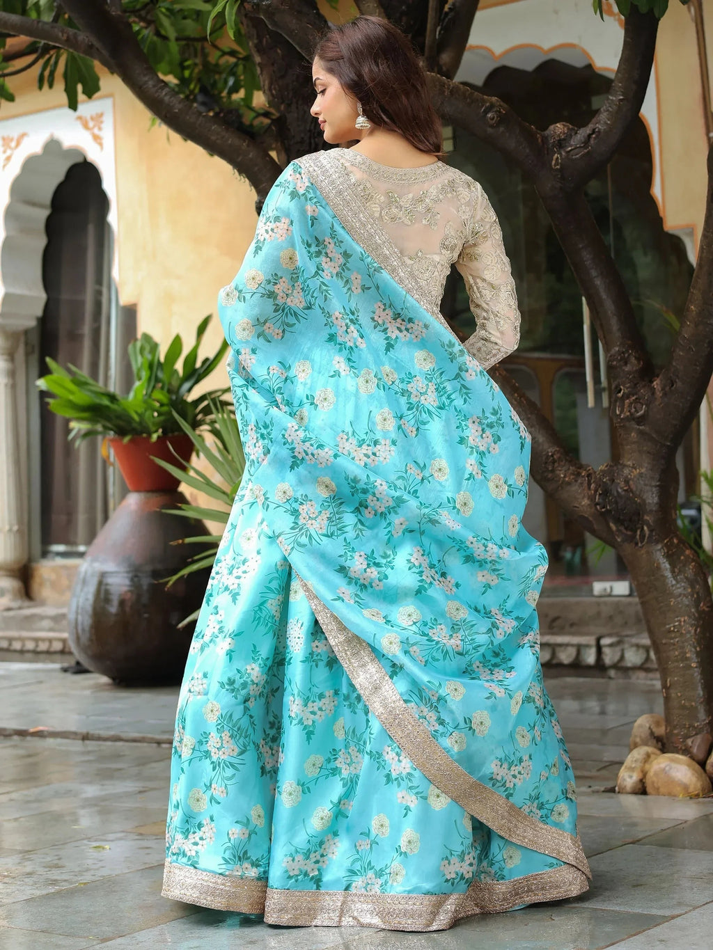 Captivating Sky Blue Floral Print Organza Function Wear Lehenga Choli