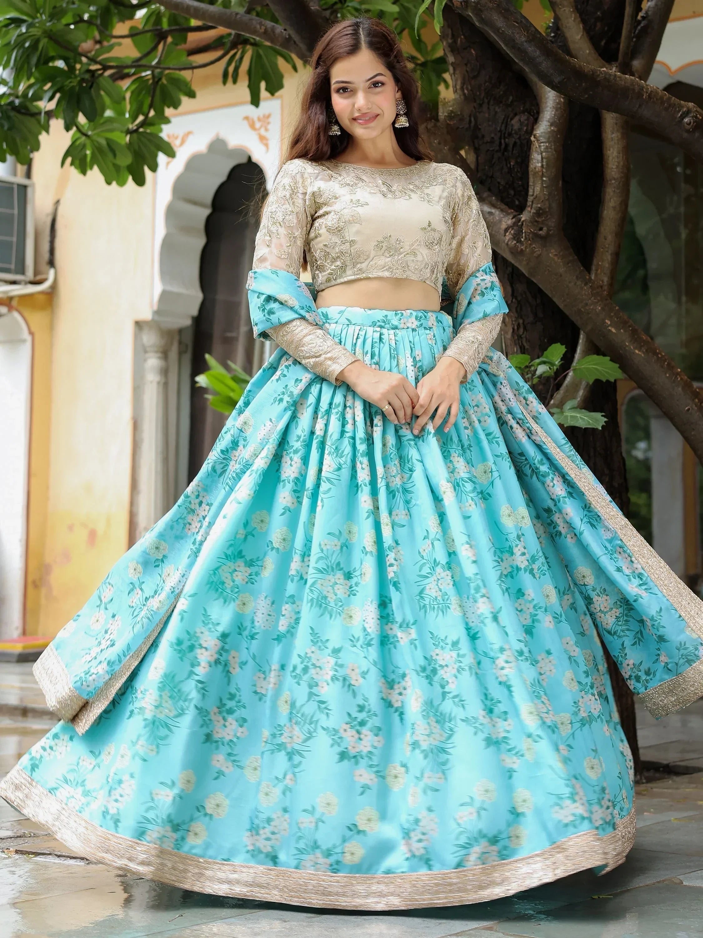 Captivating Sky Blue Floral Print Organza Function Wear Lehenga Choli