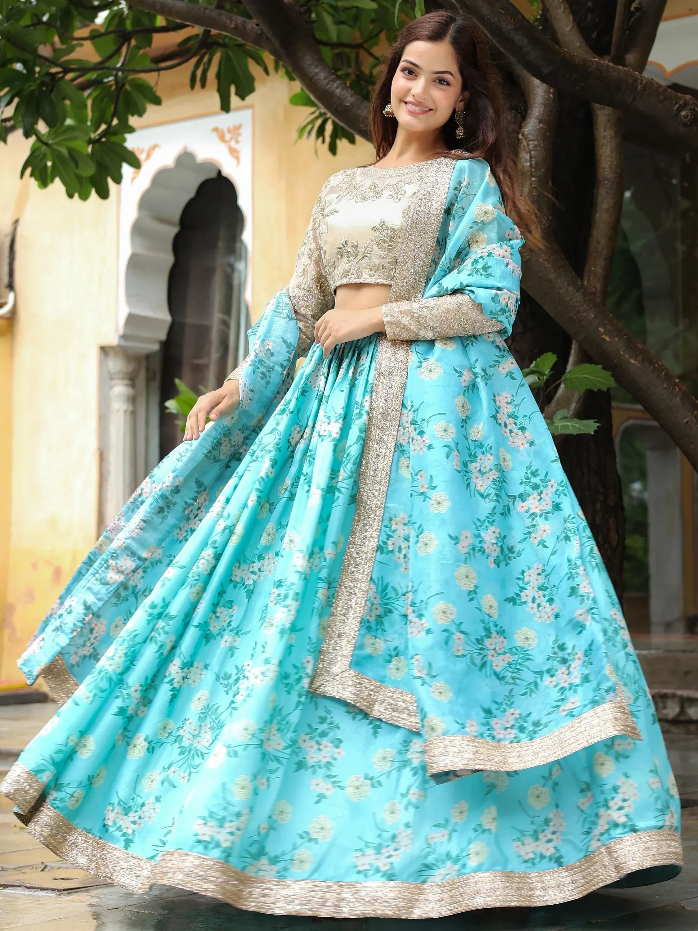 Captivating Sky Blue Floral Print Organza Function Wear Lehenga Choli