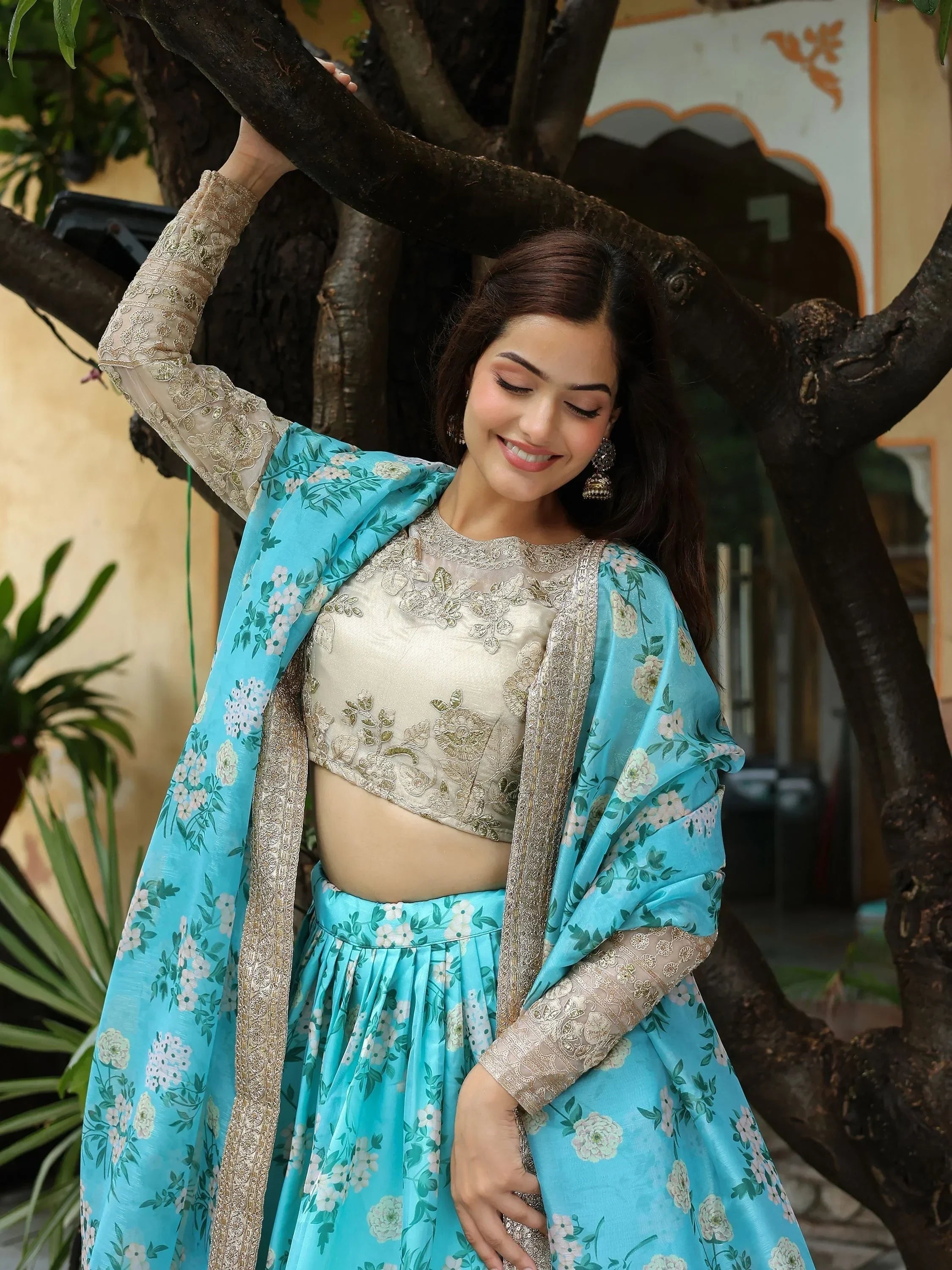Captivating Sky Blue Floral Print Organza Function Wear Lehenga Choli