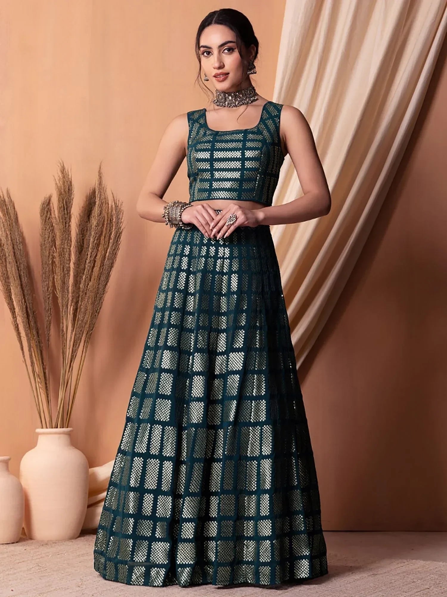 Captivating Teal Blue Sequins Georgette Party Wear Lehenga Choli