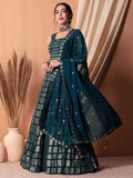 Captivating Teal Blue Sequins Georgette Party Wear Lehenga Choli