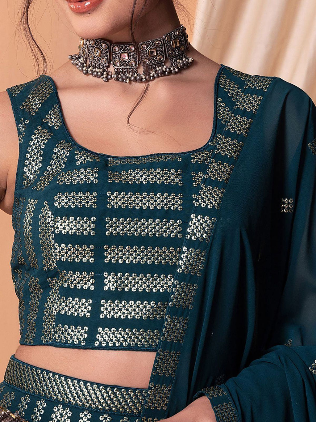 Captivating Teal Blue Sequins Georgette Party Wear Lehenga Choli