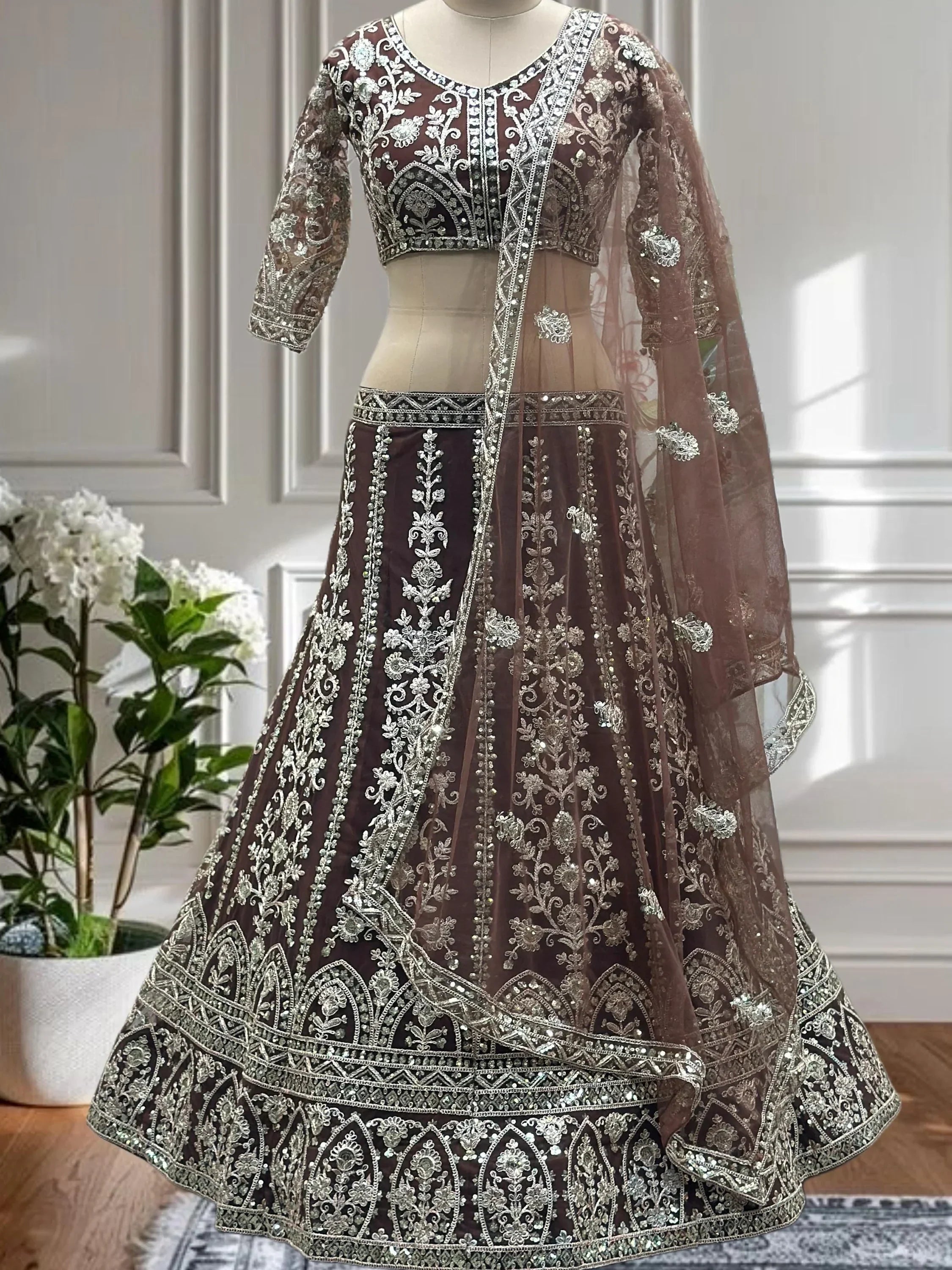 Brown Captivating Net Sequins Embroidered Bridesmaid Lehenga Choli