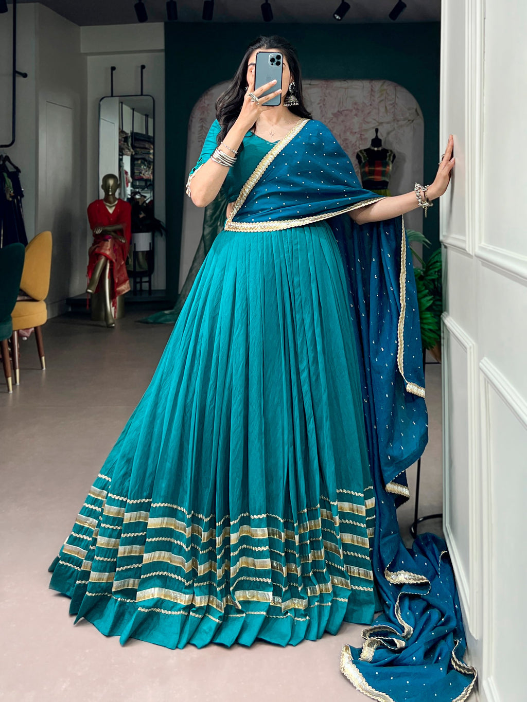 Chanderi Lehenga Choli with Mirror and Pearl Embellishments