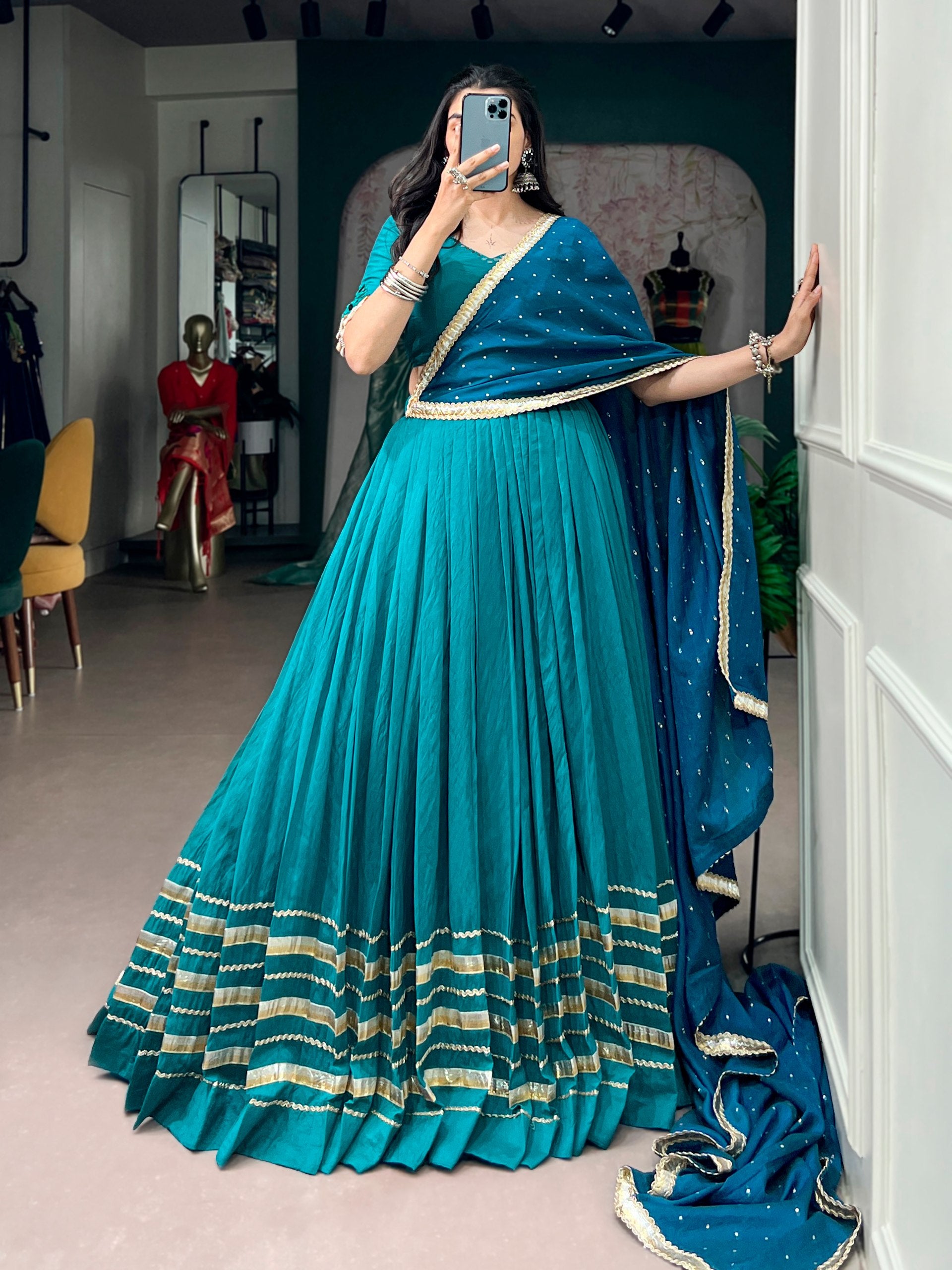 Chanderi Lehenga Choli with Mirror and Pearl Embellishments