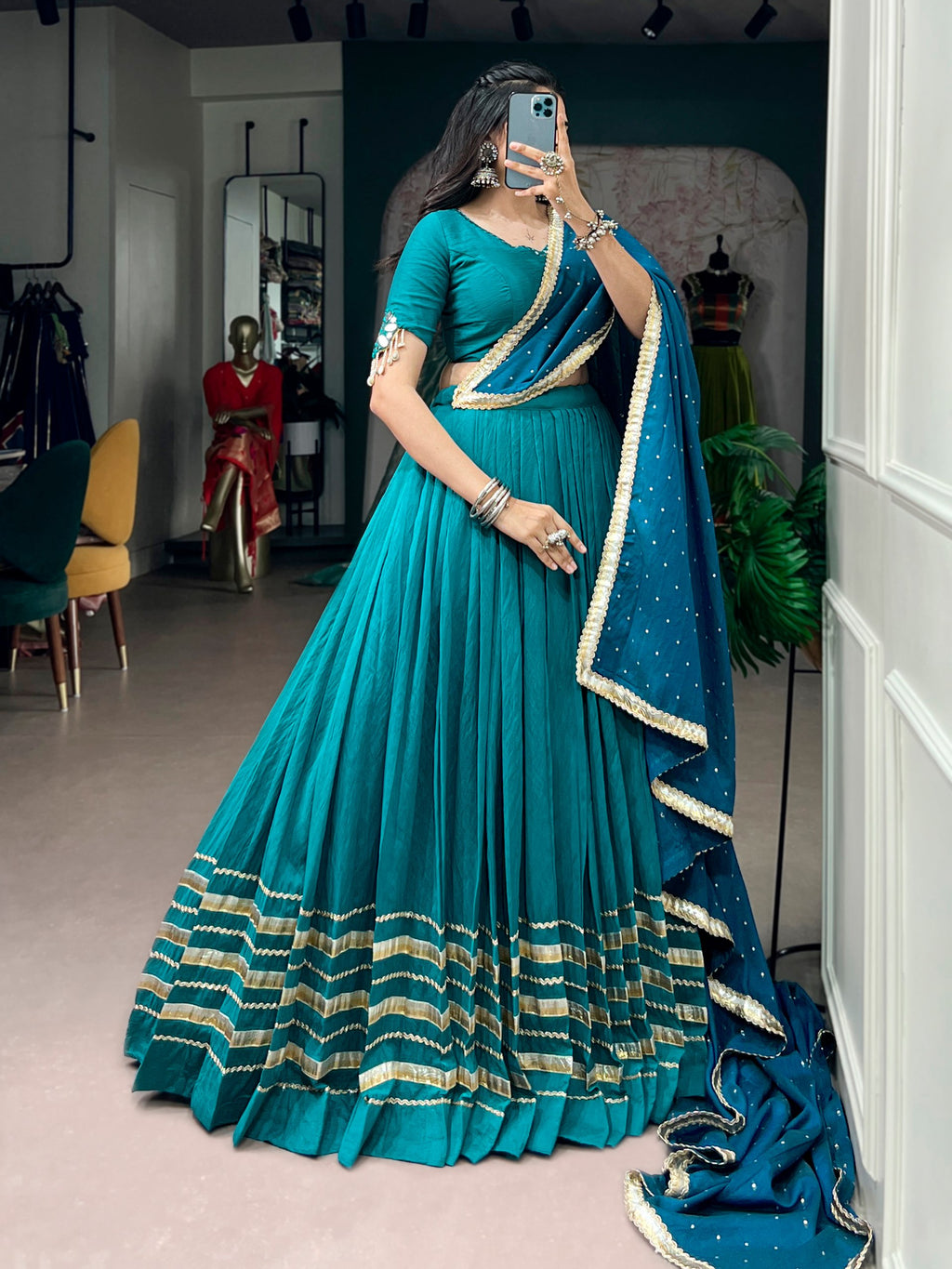 Chanderi Lehenga Choli with Mirror and Pearl Embellishments
