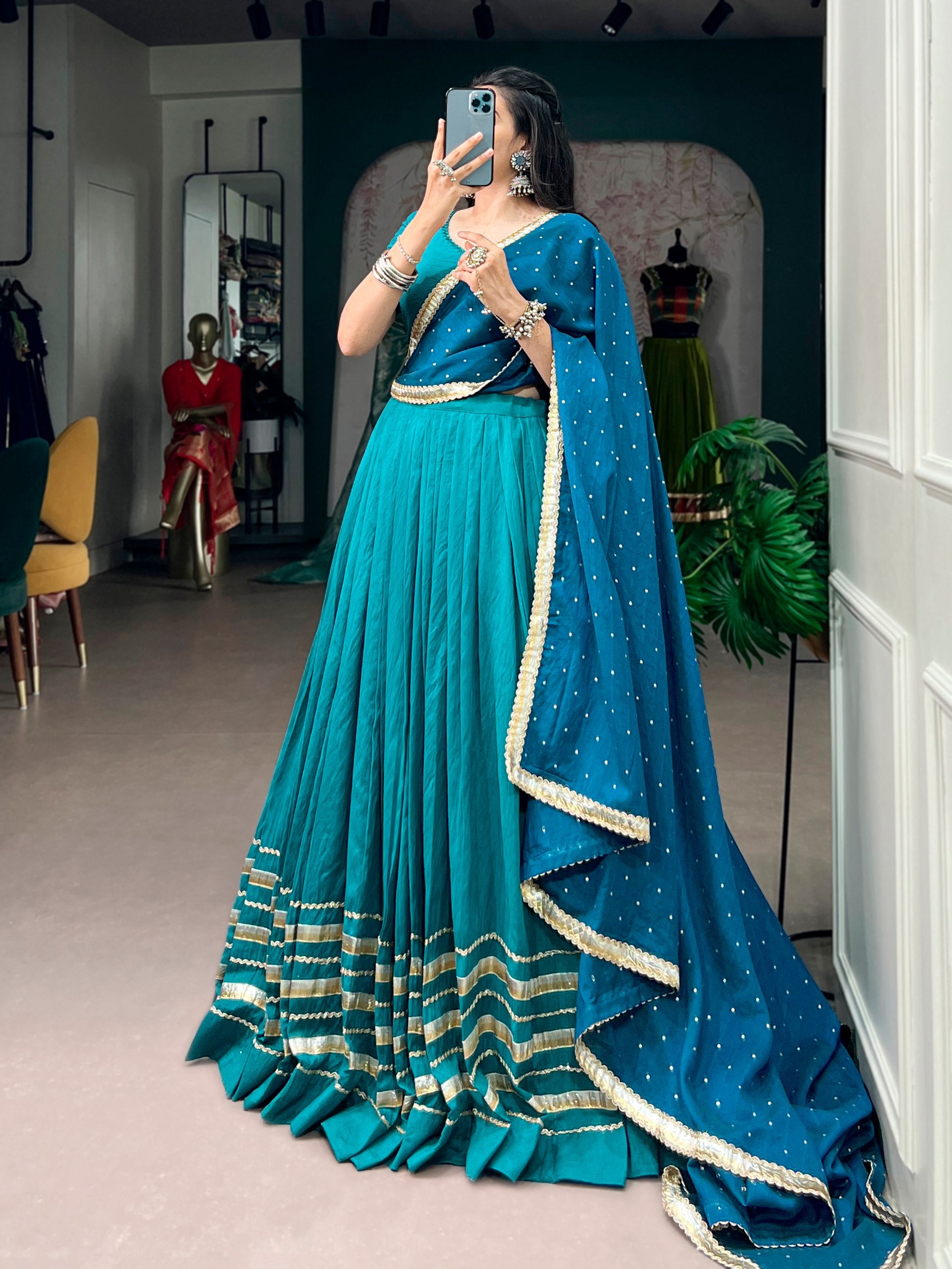 Chanderi Lehenga Choli with Mirror and Pearl Embellishments