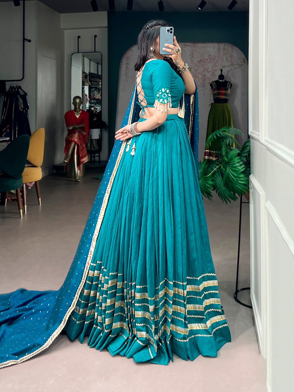 Chanderi Lehenga Choli with Mirror and Pearl Embellishments