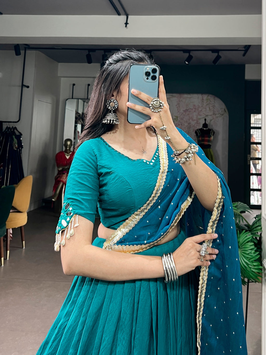 Chanderi Lehenga Choli with Mirror and Pearl Embellishments