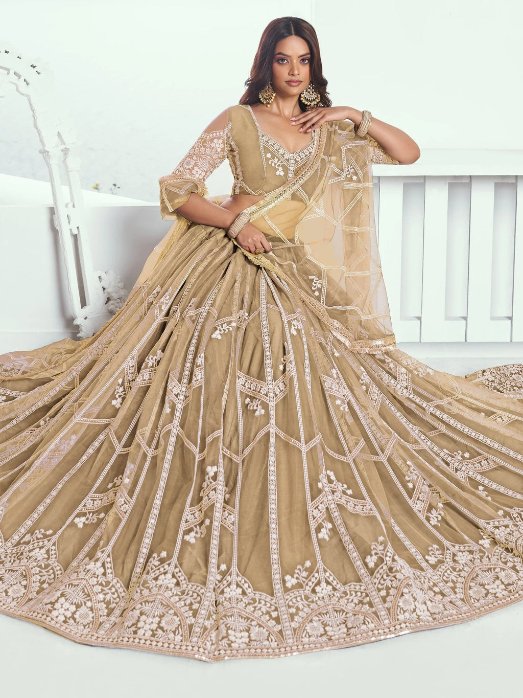 Charming Beige Thread Work Net Designer Lehenga Choli With Dupatta