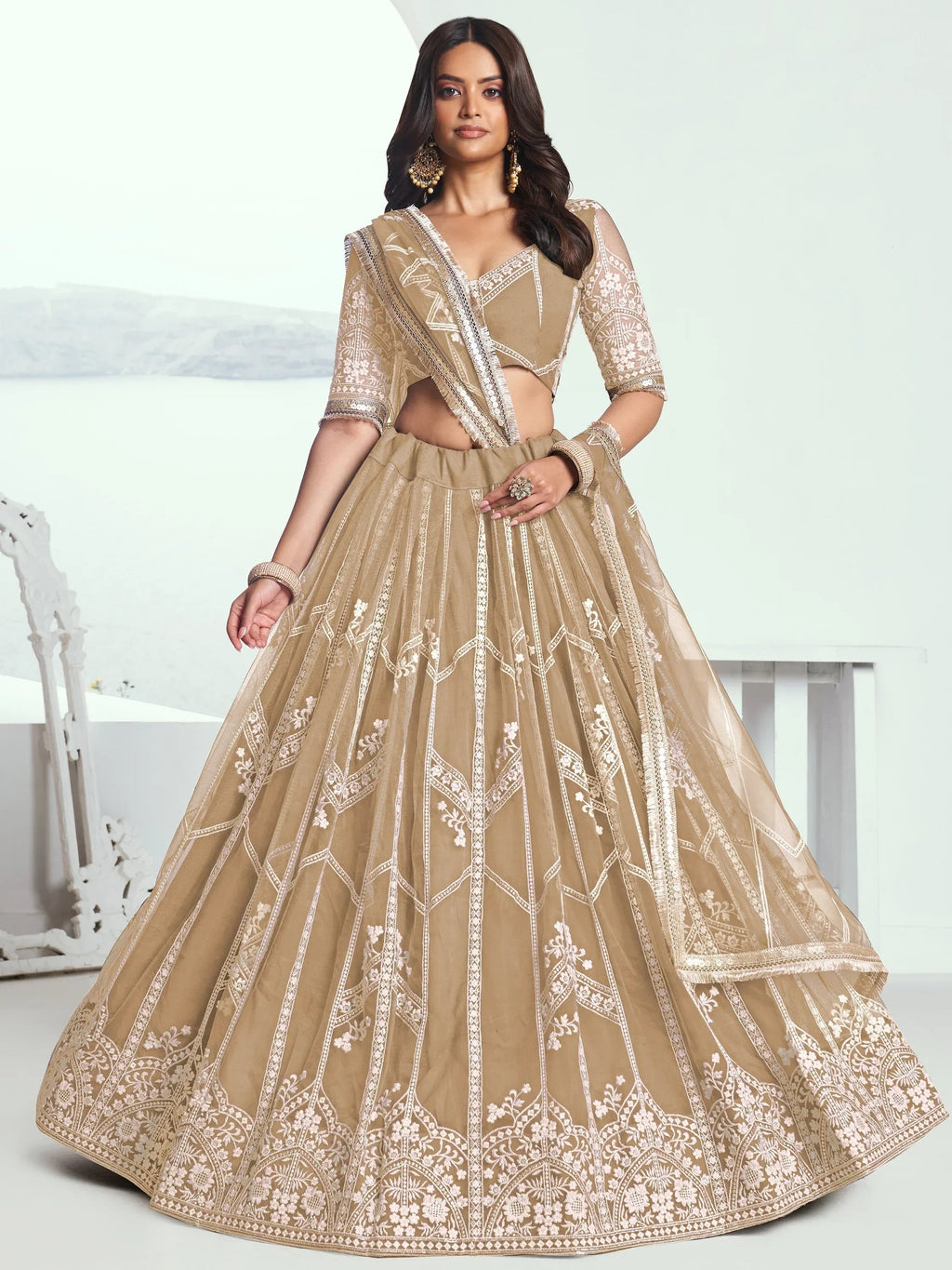 Charming Beige Thread Work Net Designer Lehenga Choli With Dupatta