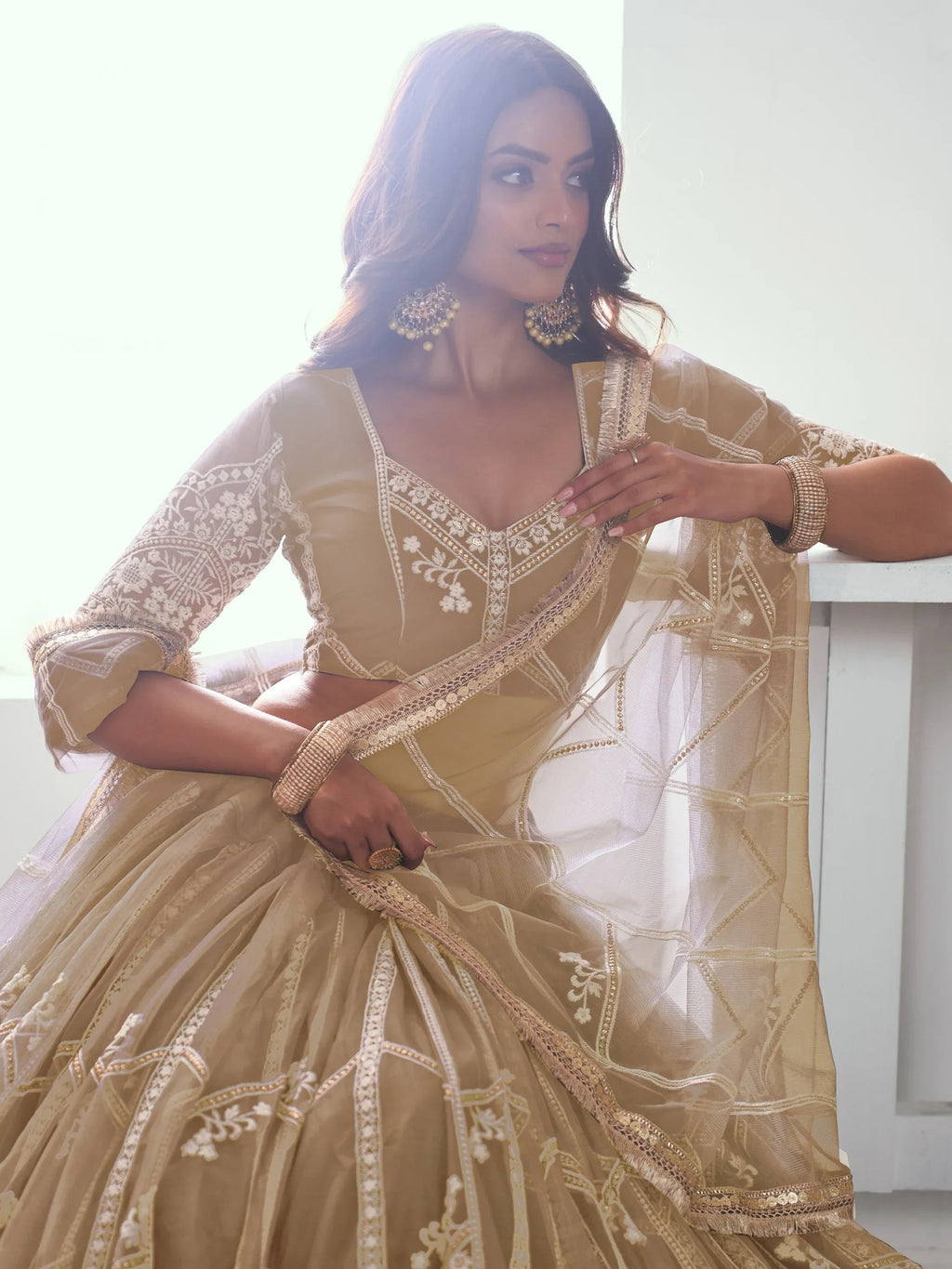 Charming Beige Thread Work Net Designer Lehenga Choli With Dupatta