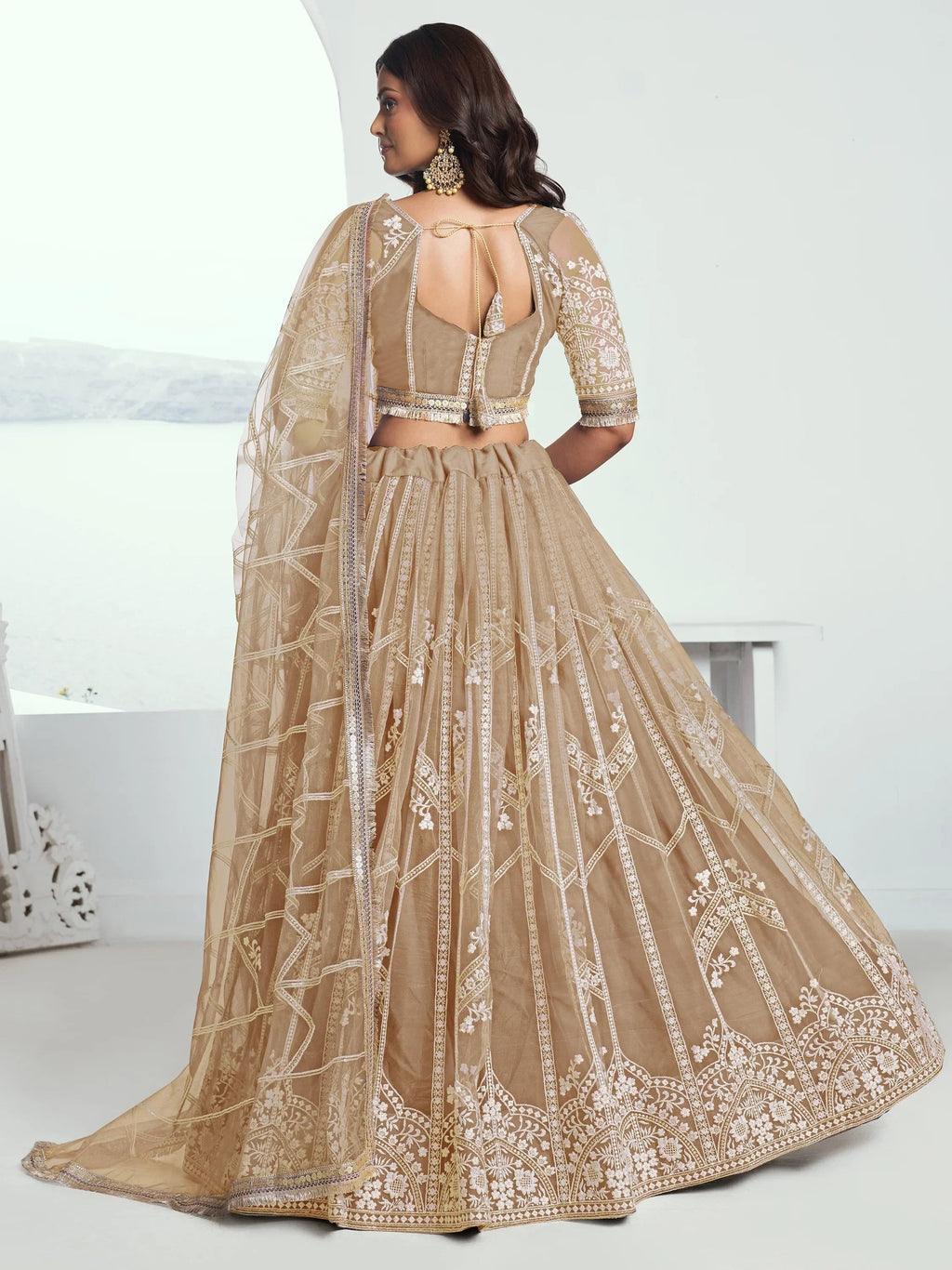 Charming Beige Thread Work Net Designer Lehenga Choli With Dupatta
