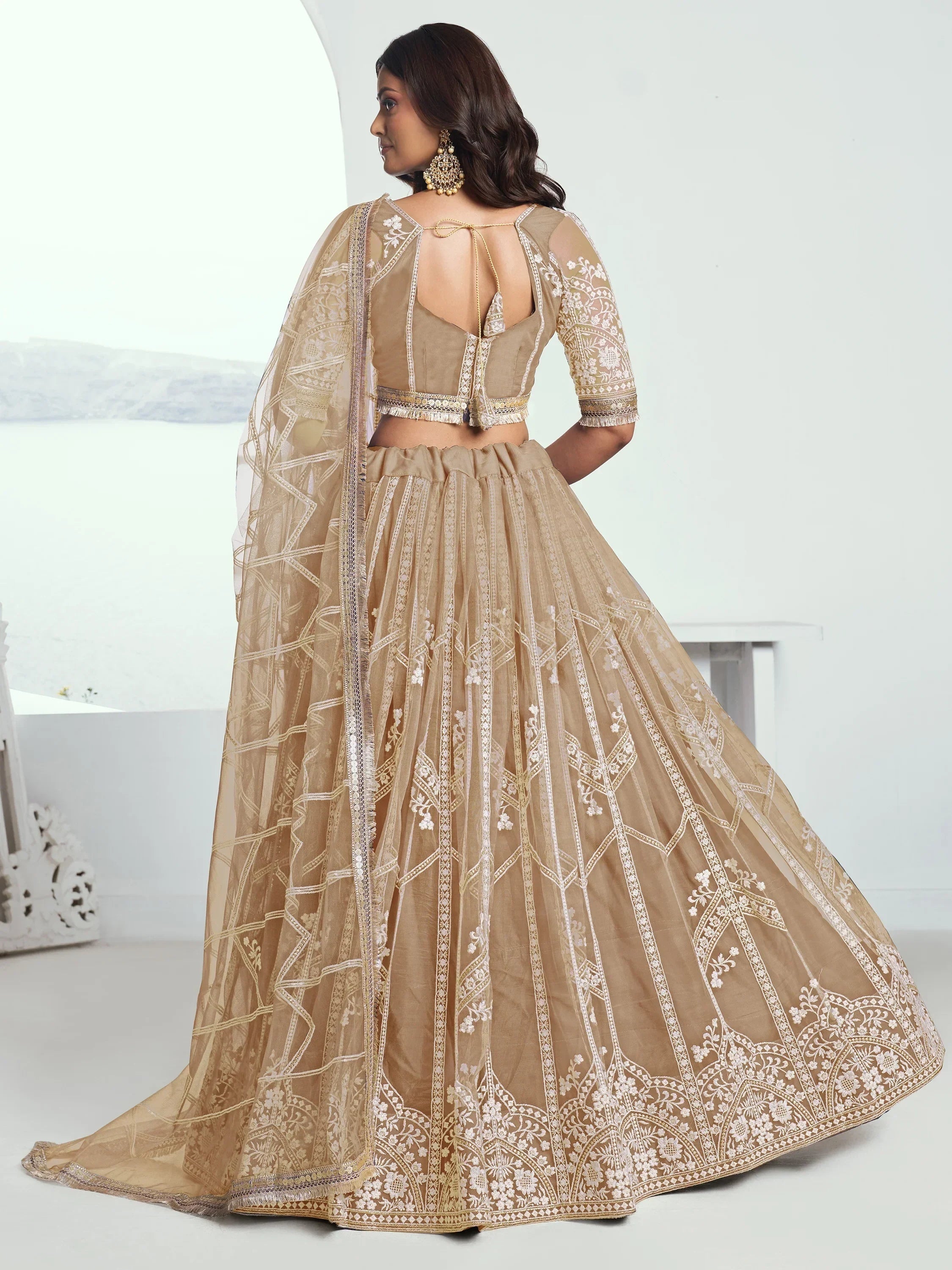 Charming Beige Thread Work Net Designer Lehenga Choli With Dupatta
