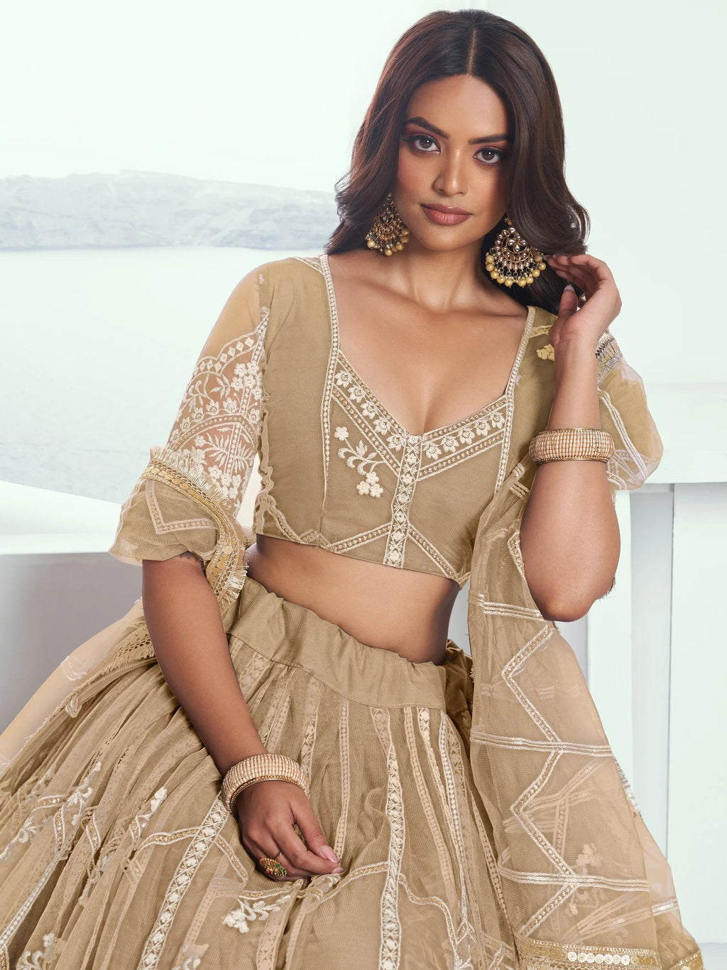 Charming Beige Thread Work Net Designer Lehenga Choli With Dupatta