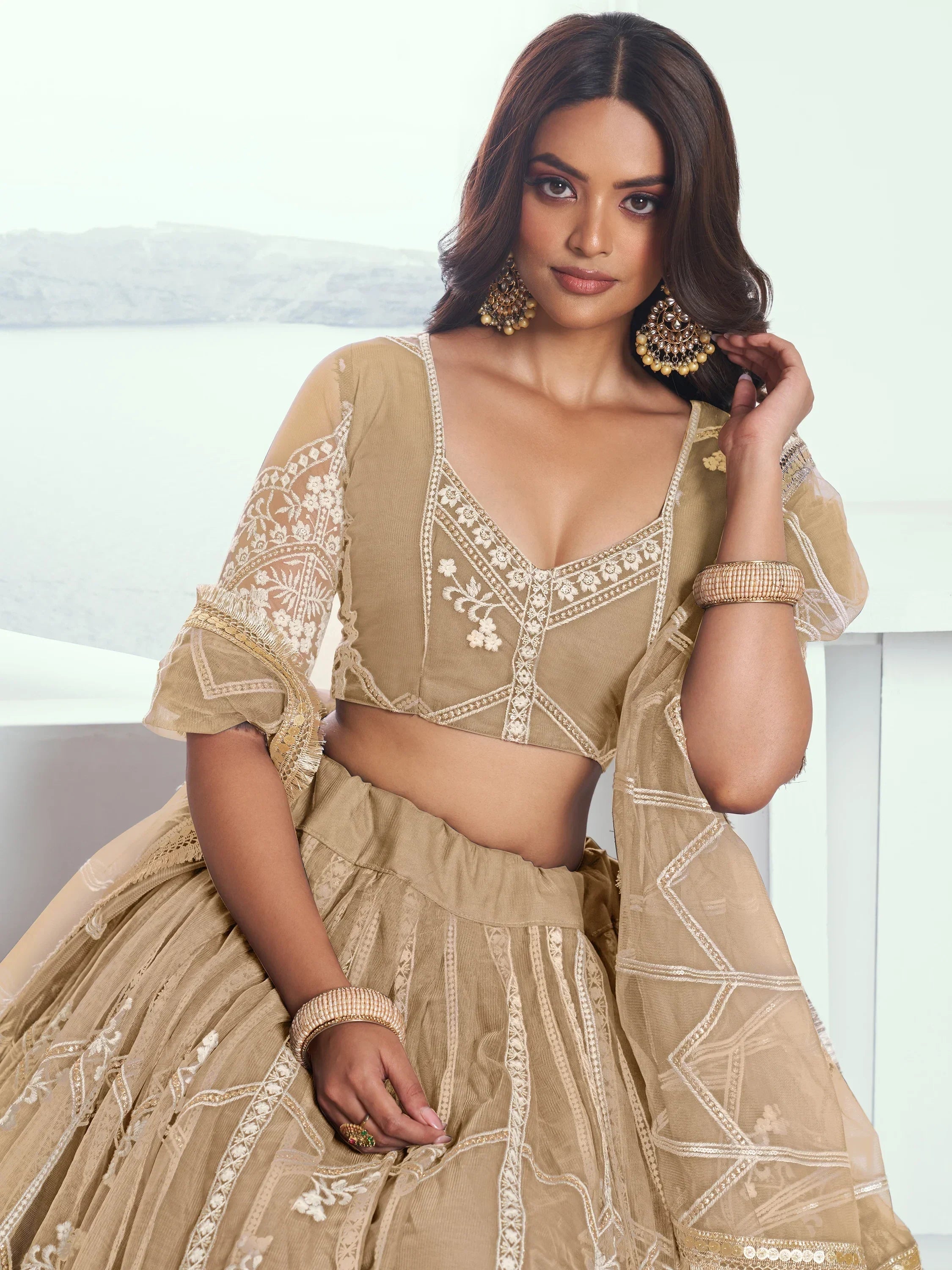 Charming Beige Thread Work Net Designer Lehenga Choli With Dupatta