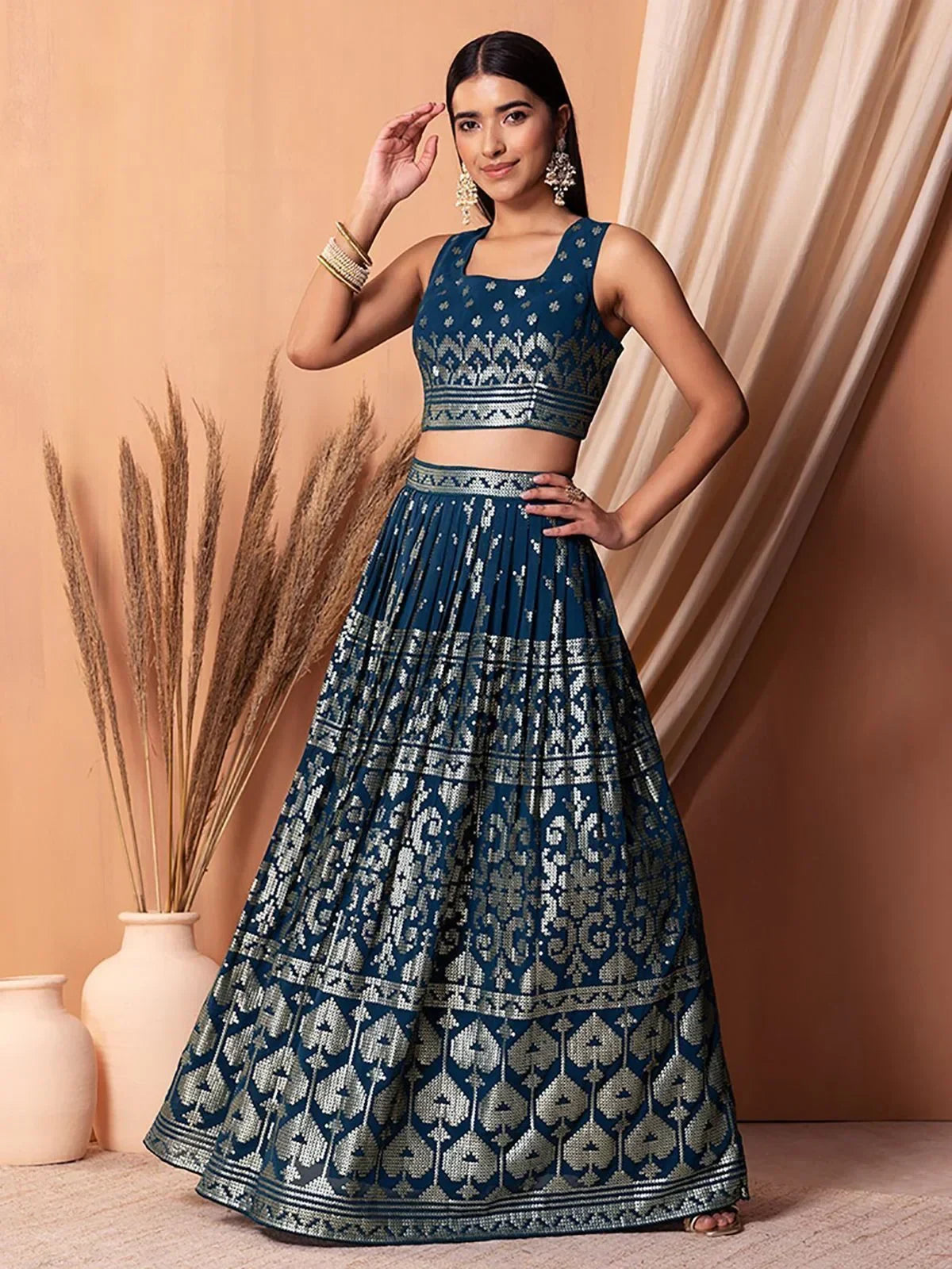 Charming Blue Sequins Georgette Sangeet Wear Lehenga Choli
