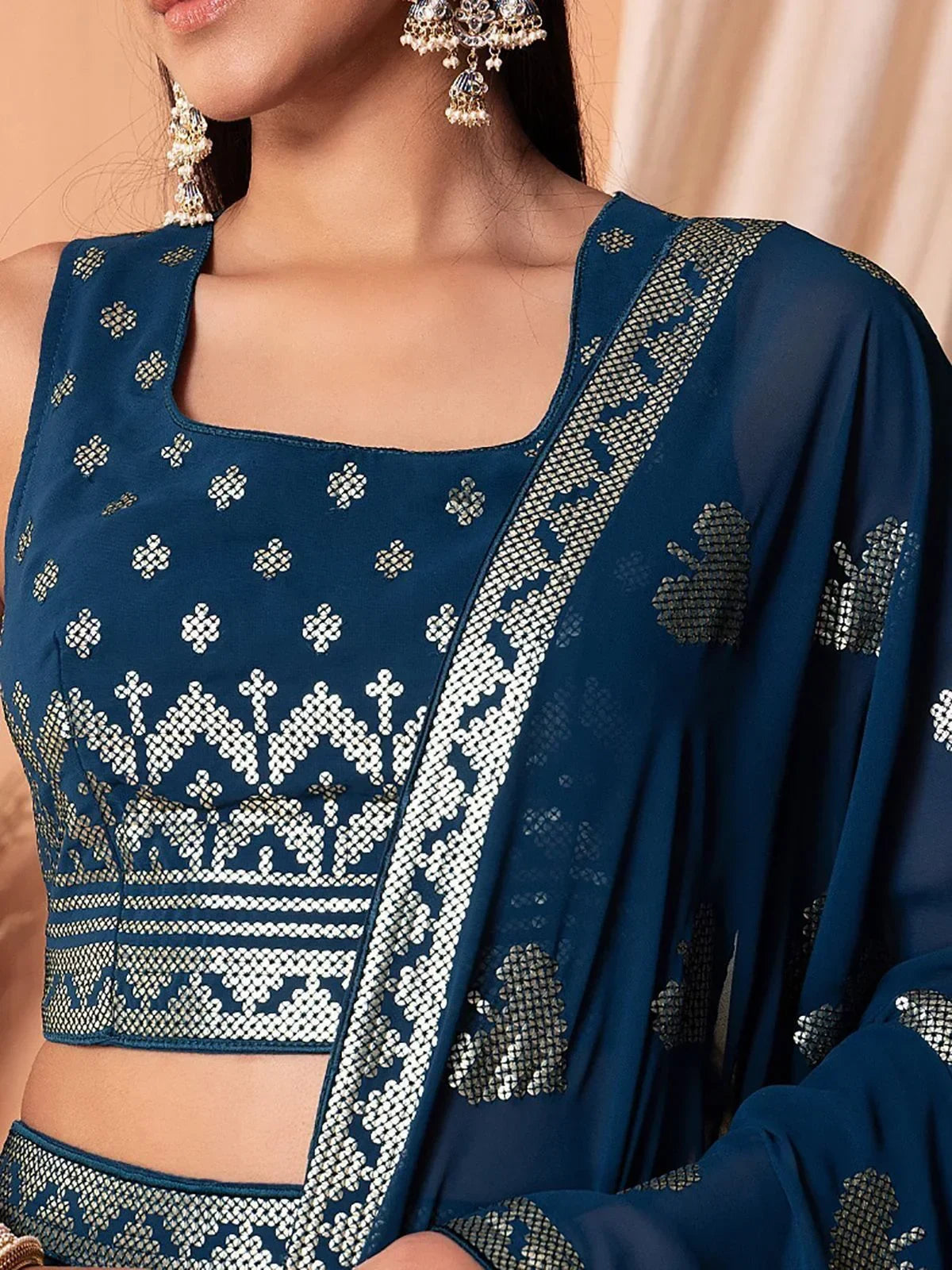 Charming Blue Sequins Georgette Sangeet Wear Lehenga Choli